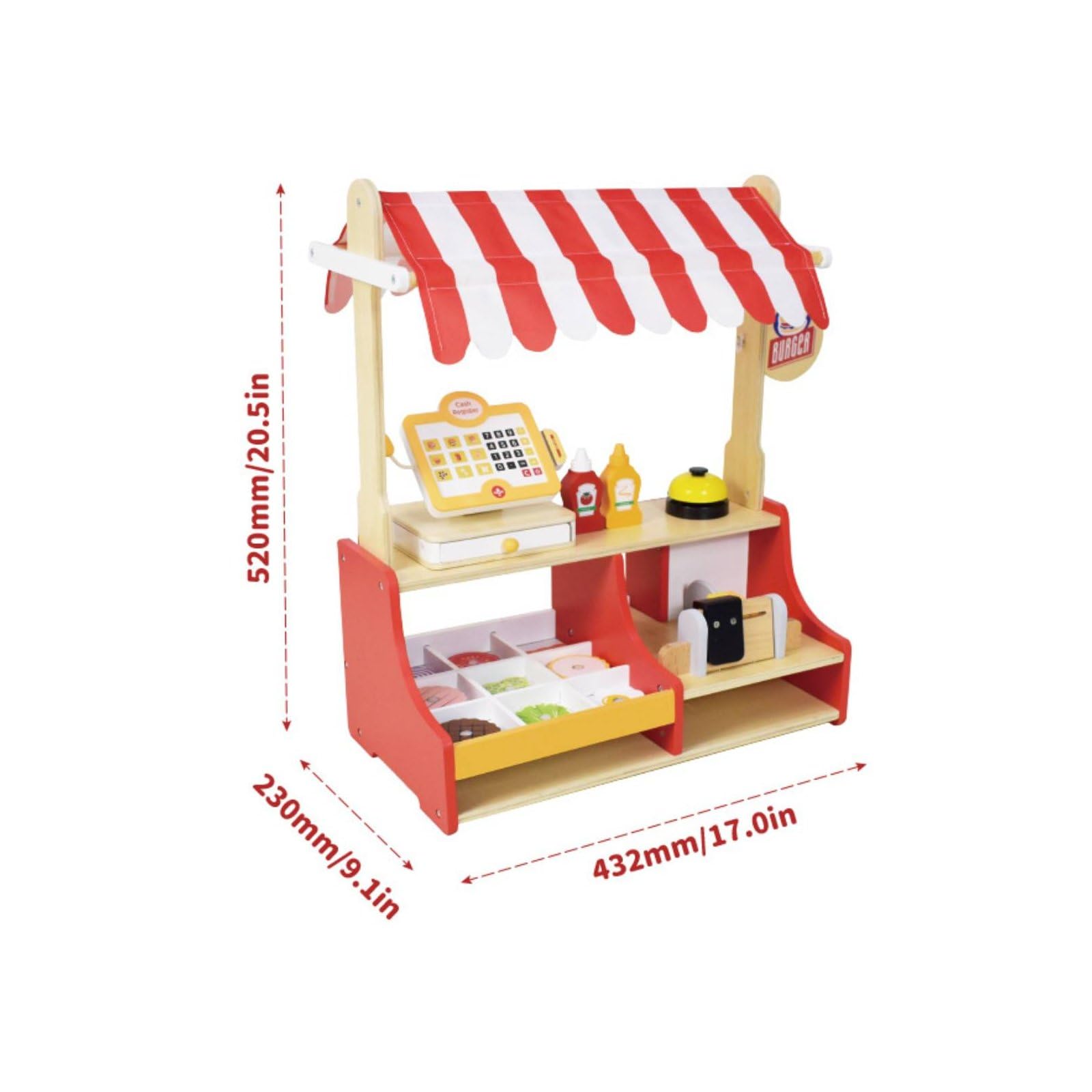 Cucina Giocattolo per Bambini Chiosco Hamburger Panini Registratore Cassa Monete Gioco Ripiani Legno Adatta per Gioco di Ruolo Ristorante Gioco Educativo Casa Aula Cameretta 52cm