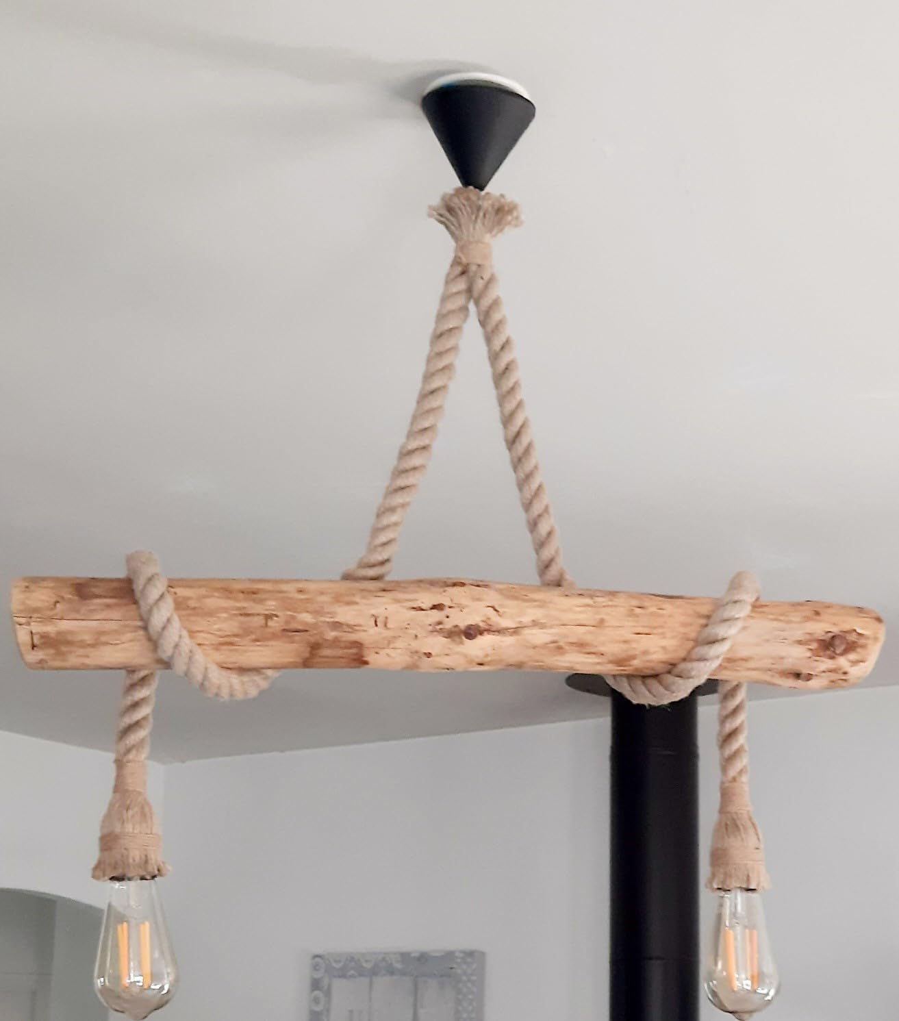 Lustre suspension ATLANTIQUE en bois naturel flotté 2 ampoules - style bord de mer - E27