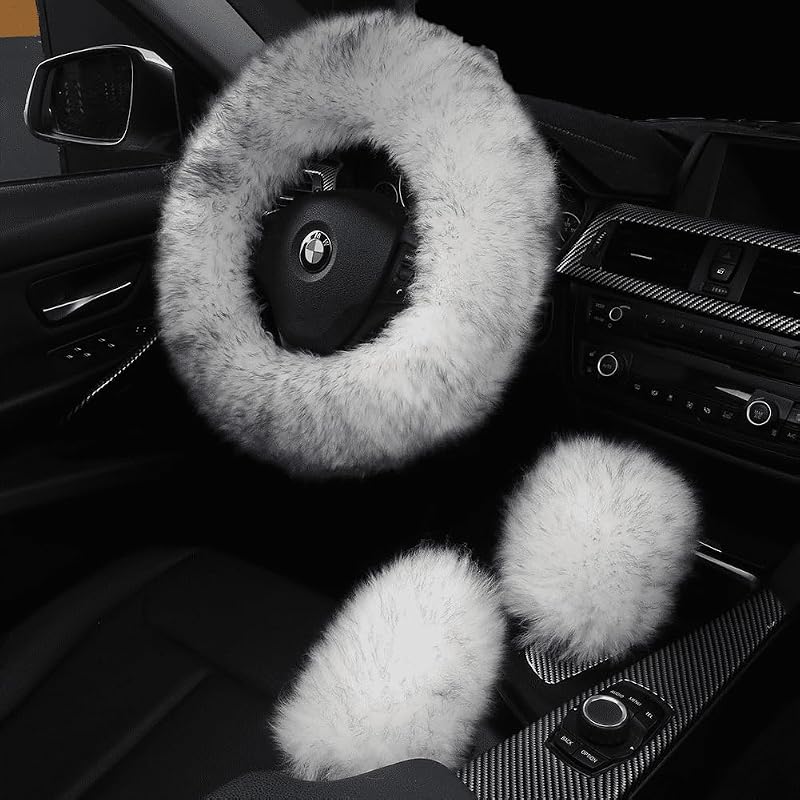 Kit de Capa para Volante, Câmbio e Freio de Mão em Lã Sintética AOGELAN Branco com Pontas Pretas