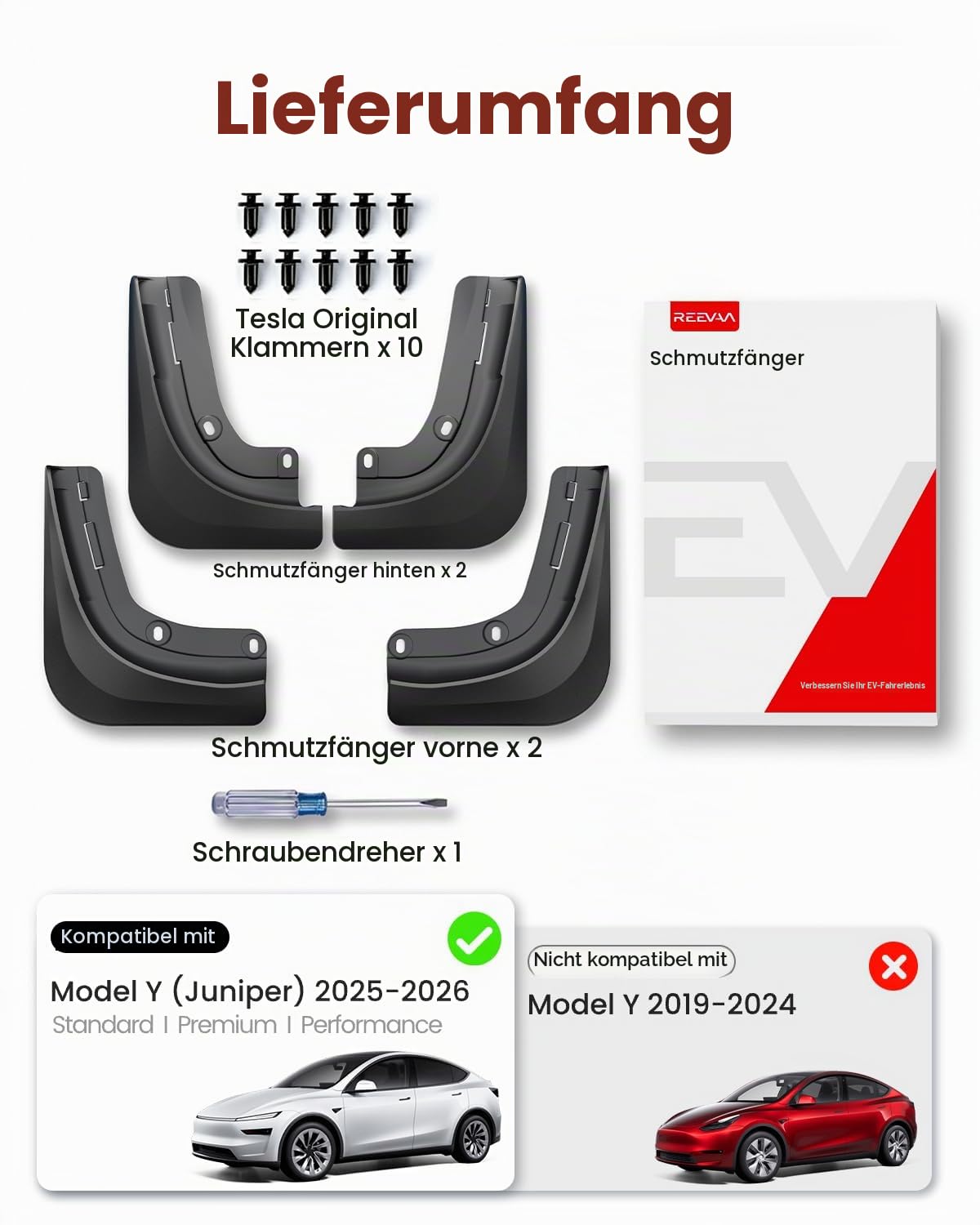 REEVAA 2025 Tesla New Model Y Juniper Zubehör - Schmutzfänger [kein Bohren erforderlich] Allwetter-Schmutzfänger-Körper-Kits für Modell Y Juniper 2025-2026, Schwarz (4er-Set)