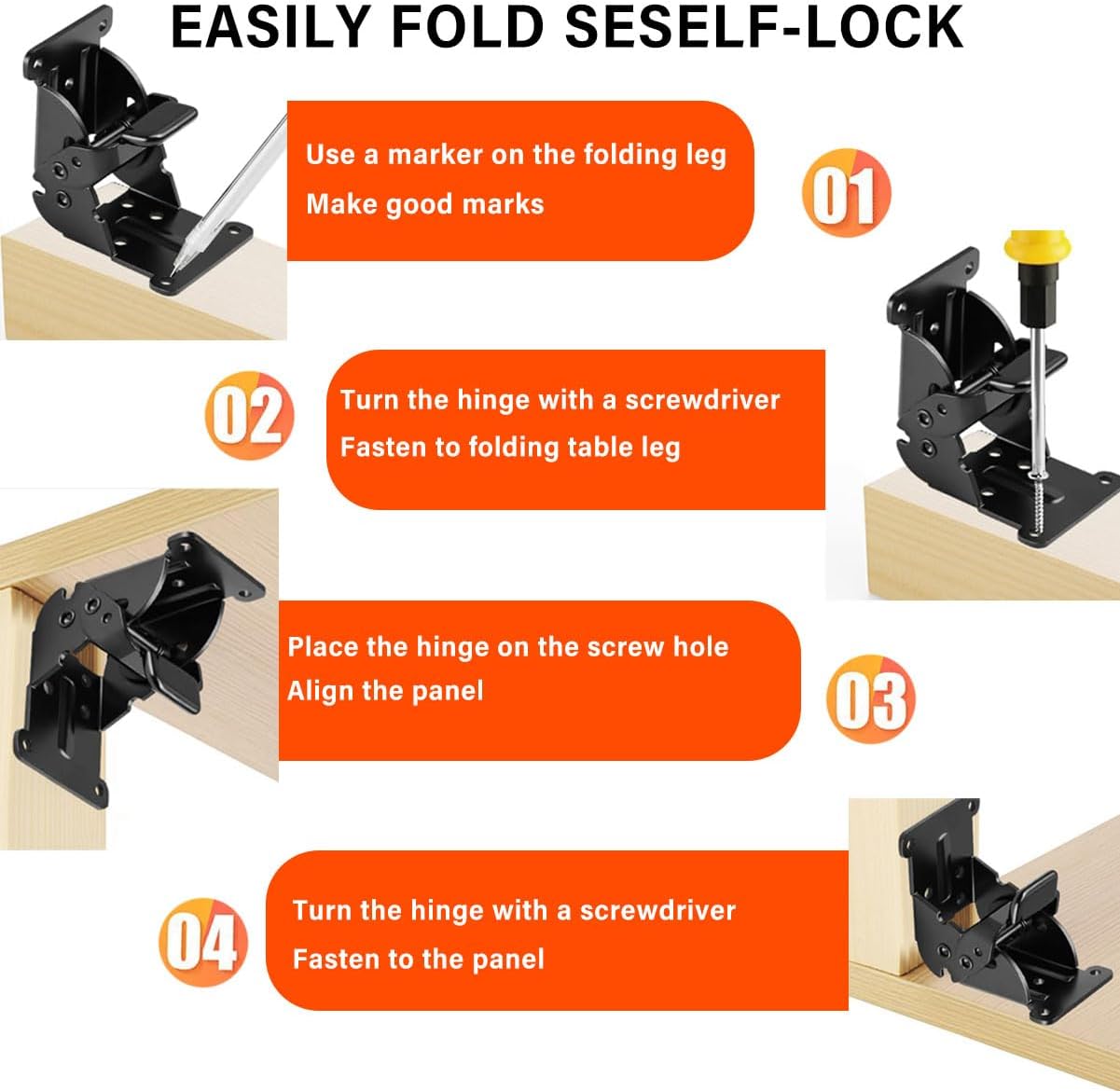 4 Pack Folding Table Leg Brackets, Heavy Duty Folding Brackets with 0° - 90° - 180° Self-Locking Folding Hinges, Lock Extension Support Bracket Bed Legs, Furniture Support, Screws, Black