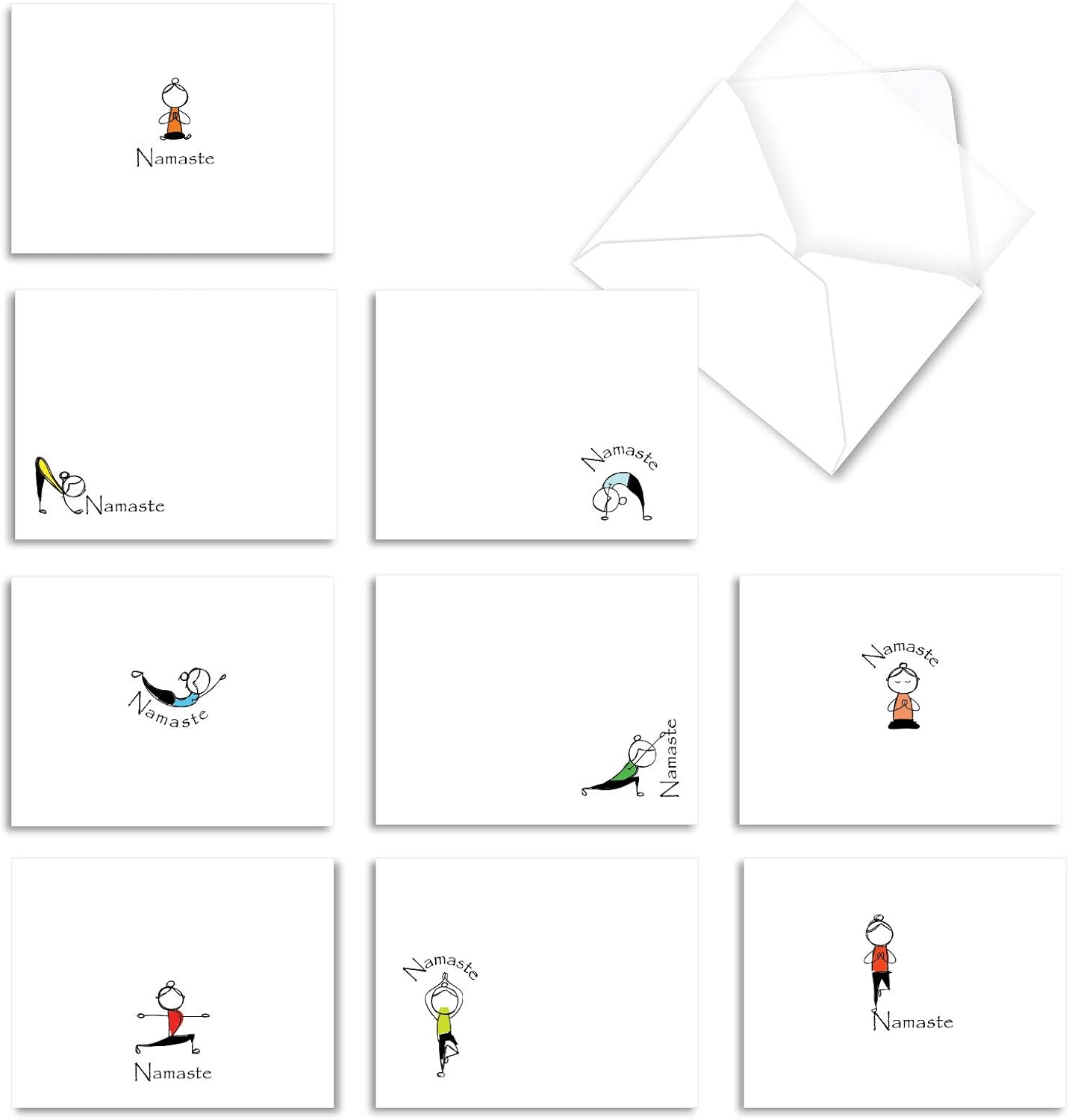 The Best Card Company - 10 Blank Yoga Note Cards (4x 5.12 Inch) - Boxed Notecards with Envelopes, Cute Animal Cards, Zen Assortment - Namaste Notes M3963