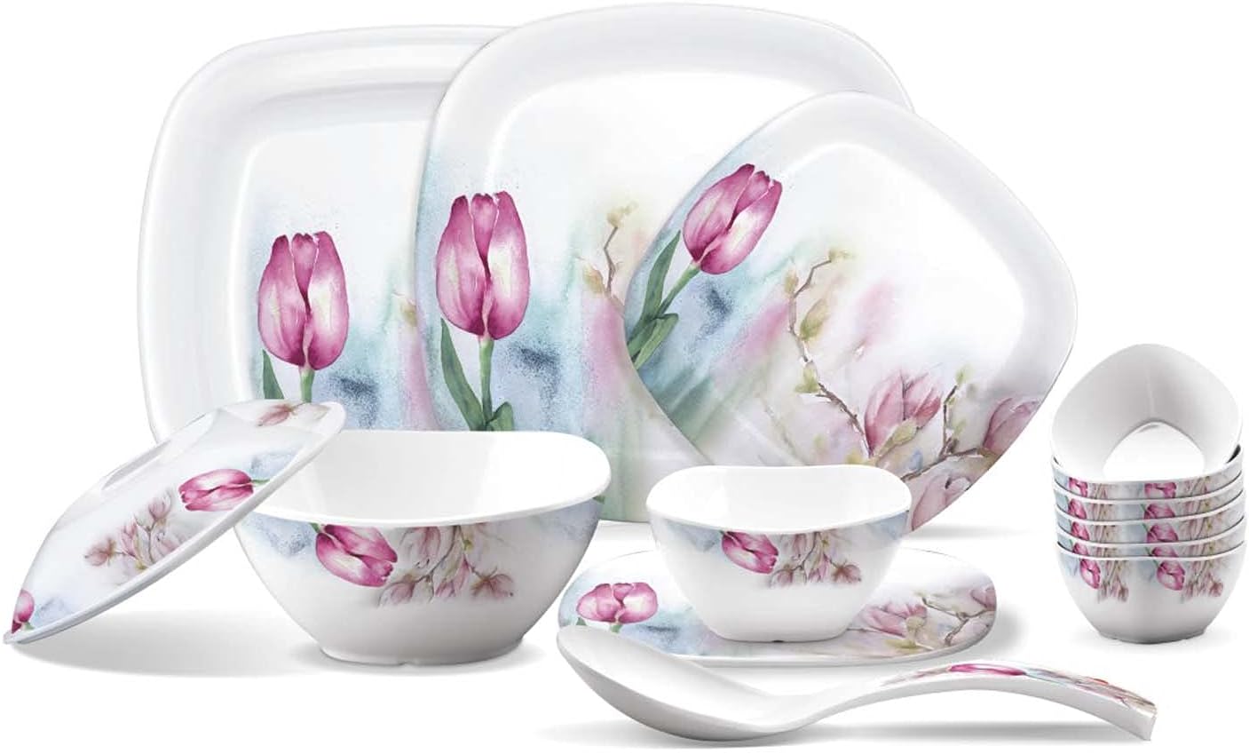 Milton Square Round Melamine Dinner Set of 31 Pcs, Tulip, Ivory