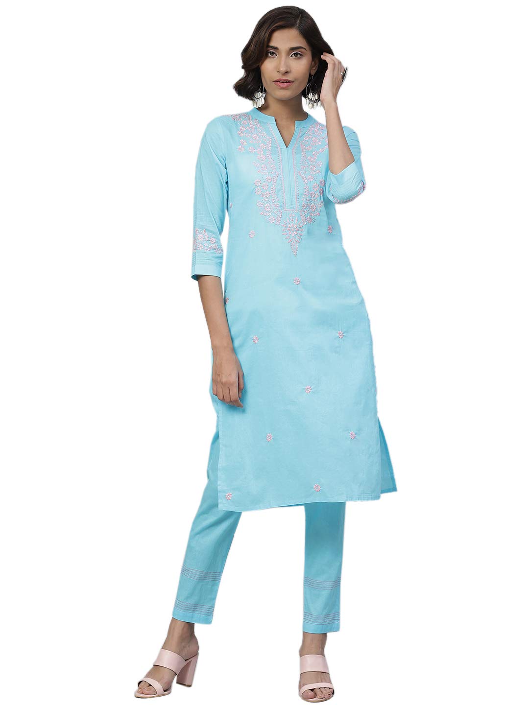 Ada Handcrafted Lucknow Chikan Women's Cotton Kurta With Trouser Set L100341_Blue