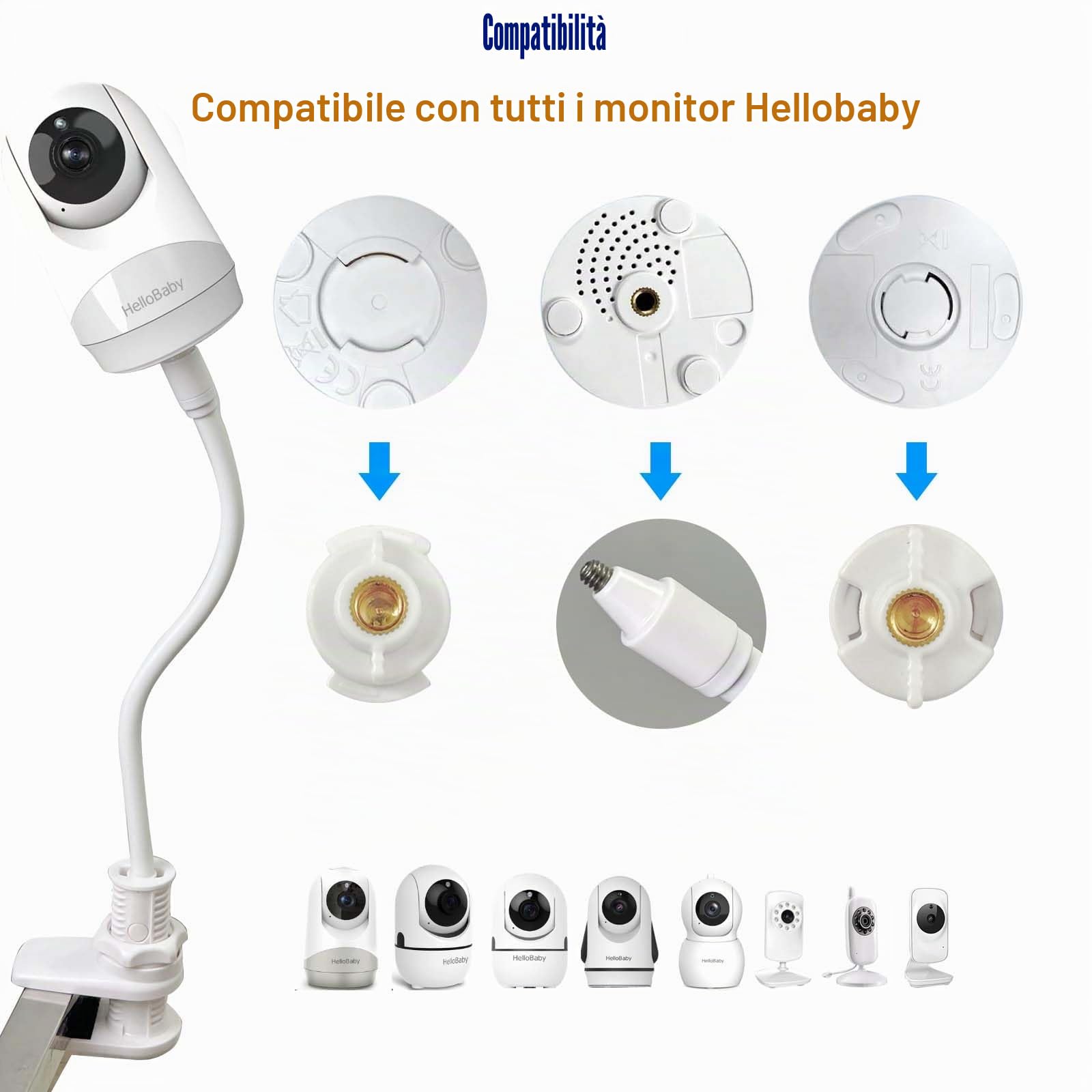 Supporto Universale Flessibile Telecamera Baby Video Monitor Clip per lettino scrivania, compatibile con Hellobaby HB30 HB32 HB35 HB50 HB65 HB6550 HB6532 e GHB Chicco Telecamera