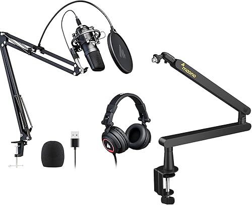 MAONO Micrófono con juego de auriculares de estudio, condensador vocal de 192 kHz24 bits, micrófono cardioide para podcast compatible con Mac y