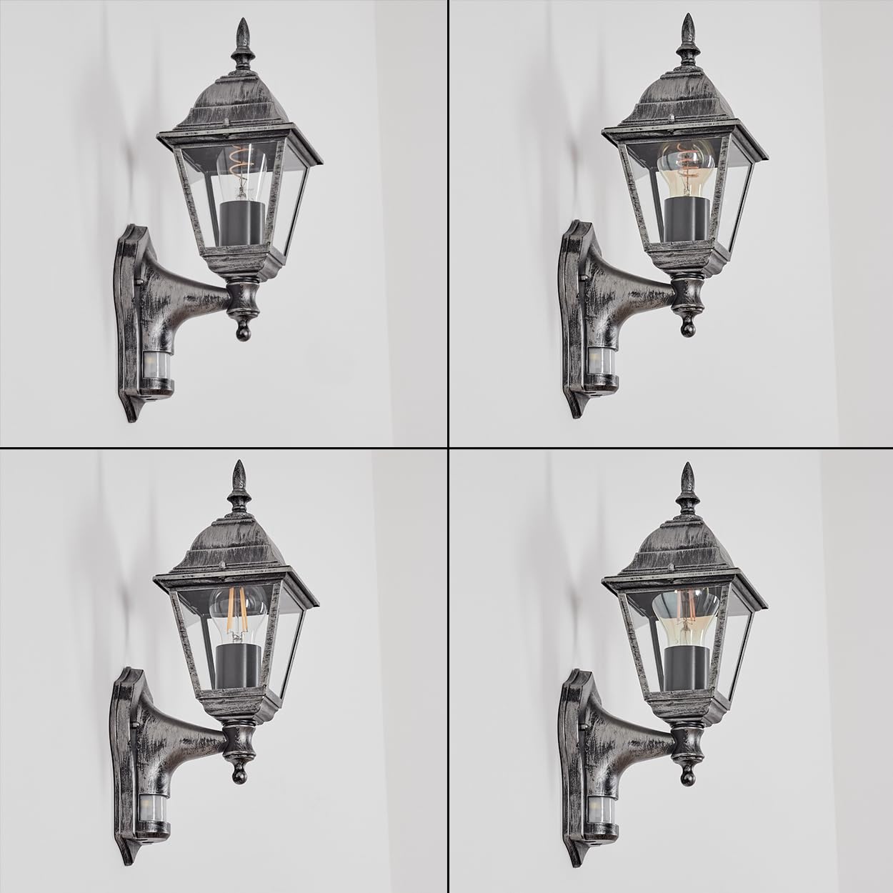 HOFSTEIN Außenwandleuchte Naofe, Außenwandlampe mit Bewegungsmelder aus Metall/Glas in Schwarz/Silber/Klar, Wandleuchte außen im Vintage/Antik/Landhaus-Design, Garten, Hof, Haustür, E27, IP44