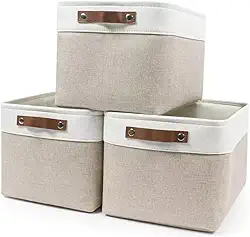 Caixa Organizadora Dobrável de Linho Offwhite com Alça Marrom – 45x35x25 cm | Prática e Elegante para Armazenamento
