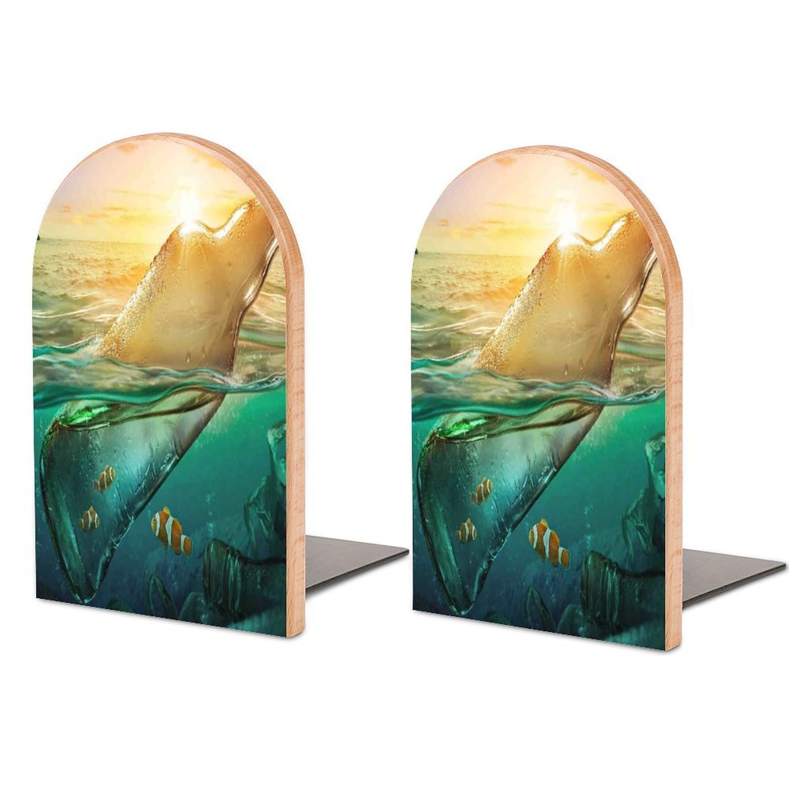 Sunset Beach3 Beech Wood Bookends Heavy Duty Book Organizers Desktop File Holder for Office Home Bookshelf