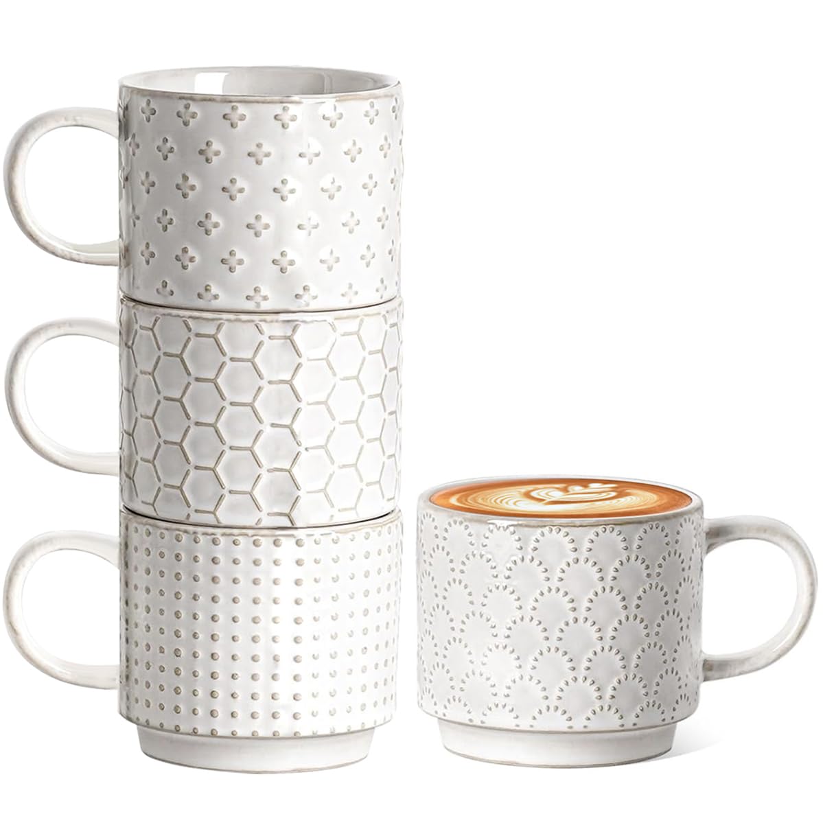Angju Ceramic Coffee Mugs, 8 Ounce Stackable Coffee Cups Set of 4 for Latte, Cappuccino, Mocha, Cocoa,Vintage Coffee Cups for Men Women Gift, Dishwasher & Microwave Safe, Set of 4,Arctic white