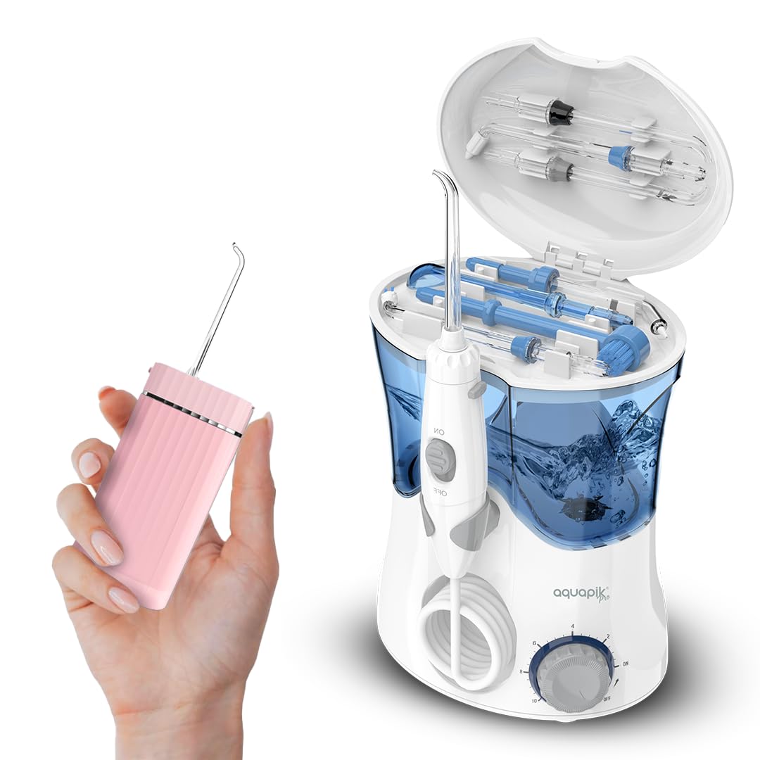 Compra Inteligente: Aquapik® Pro Irrigador dental Sobremesa + Aquapik® Mini en un Pack (Rosa - Blanco)