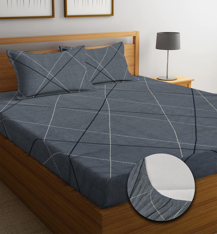 Image of Premium Cotton Fitted Bedsheet King Size 78 x 72 x 8 Inches with 2 Pillow Covers | 220 TC | All-Around Elastic Deep Pocket Bed Cover | Charcoal Grey Linear Check