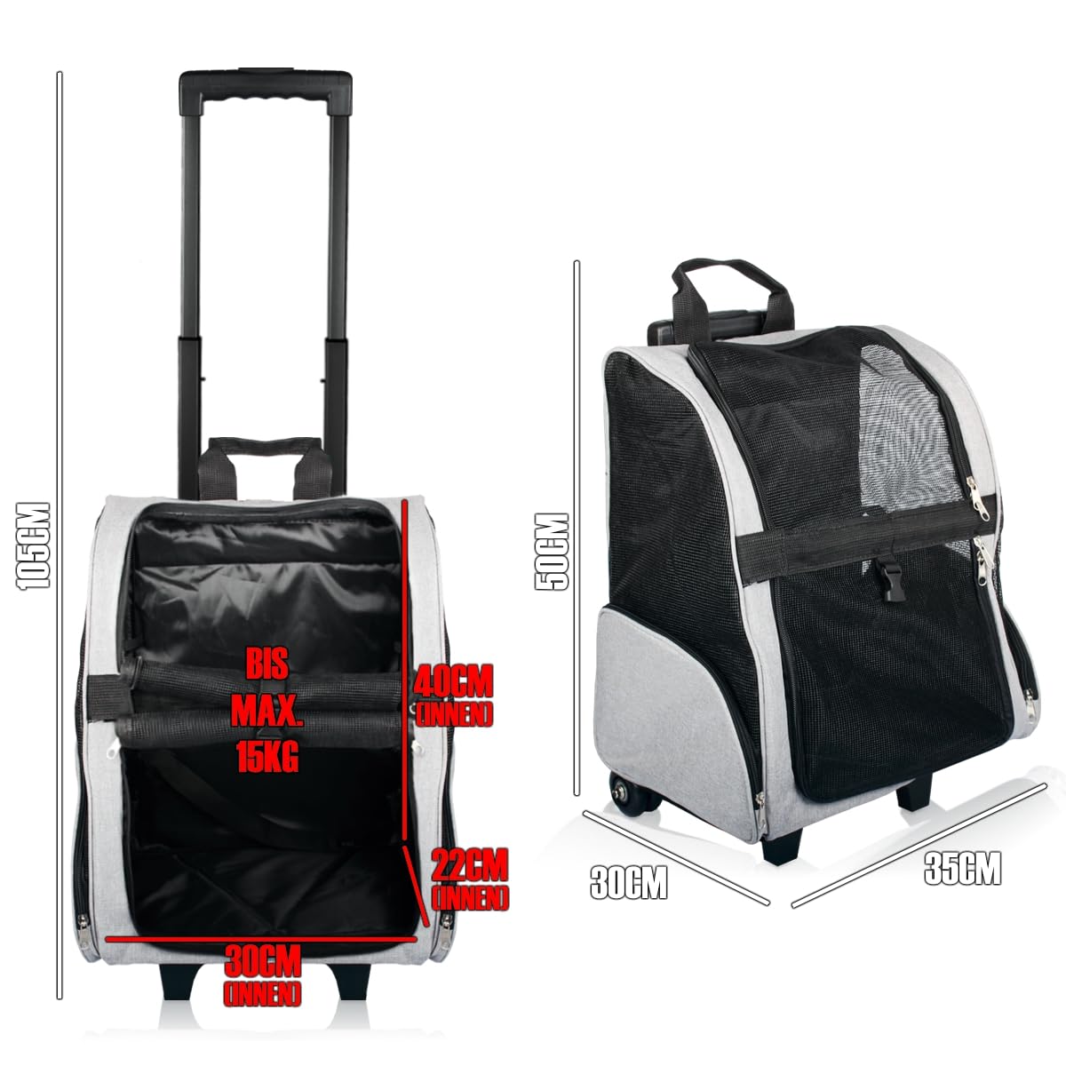 2IN1 Transporttasche mit Rollen bis 15kg Rucksack Trolley Hund Katze Hunderucksack Tasche (Melange-Grau)