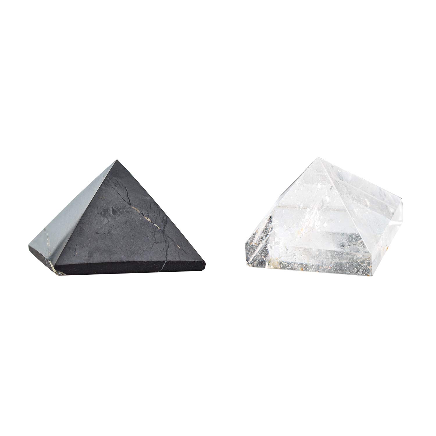 Modern ŌM Shungite and Clear Quartz Pyramid Set | Shungite Stone for EMF Protection, Stress Relief, Meditation, Energetic Balance - 2 Pyramids, 3cm Each (Clear Quartz)