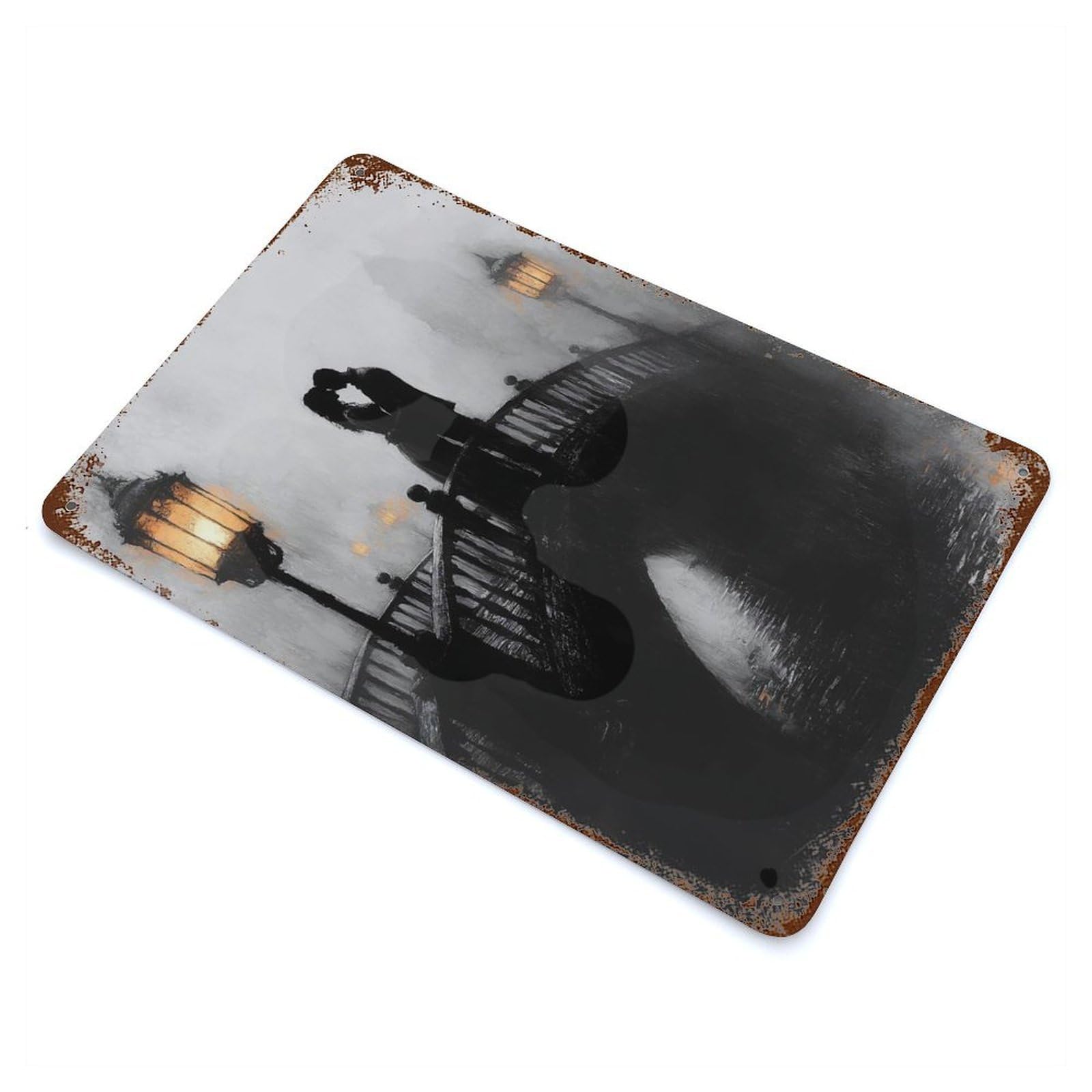 Romantic Bridge Kiss in Charcoal And Lantern Glow Rustic Tin Plaque 11.8"x7.9", Ideal for Cafe, Home Bar And Lounge Decor