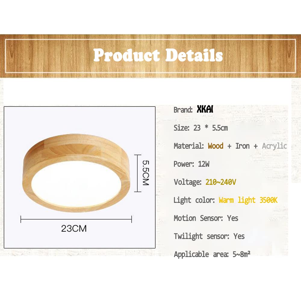 LED Deckenlampe mit Bewegungsmelder 12W - Holz Deckenleuchte mit Bewegungssensor Sensor und Dämmerungssensor - Wood Deckenbeleuchtung für Flur, Treppe, Veranda, Garage, Korridor, Balkon, Keller