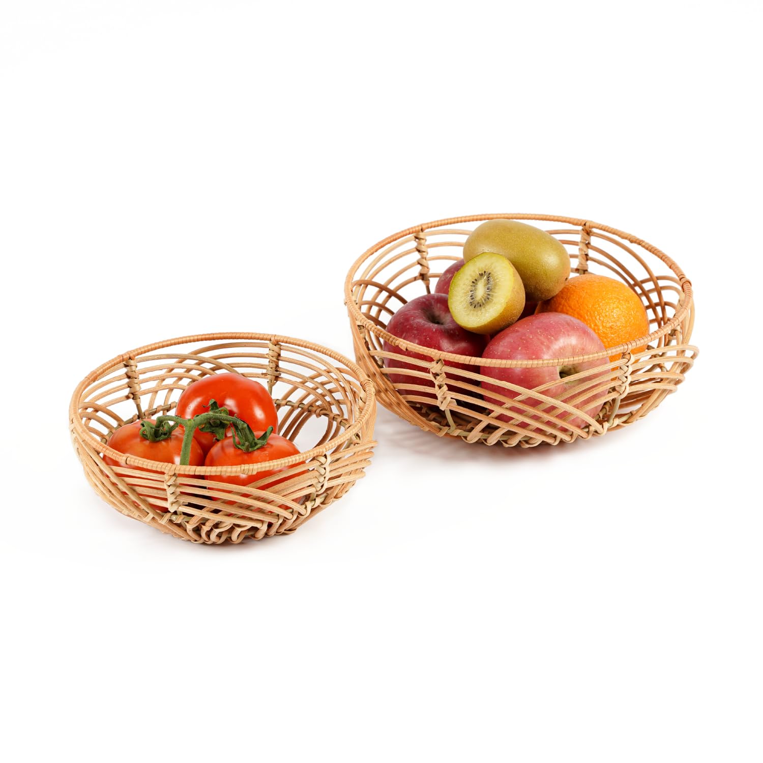 Set Of 2 Round Boho Rattan Bread Baskets Large And Small Wicker