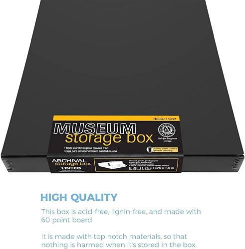 Miniatura 7 de Lineco Caja de almacenamiento de archivo de museo, 11.75 x 17.75 x 1.5 pulgadas. Diseño frontal caído. Sin ácidos con borde metálico. Organiza