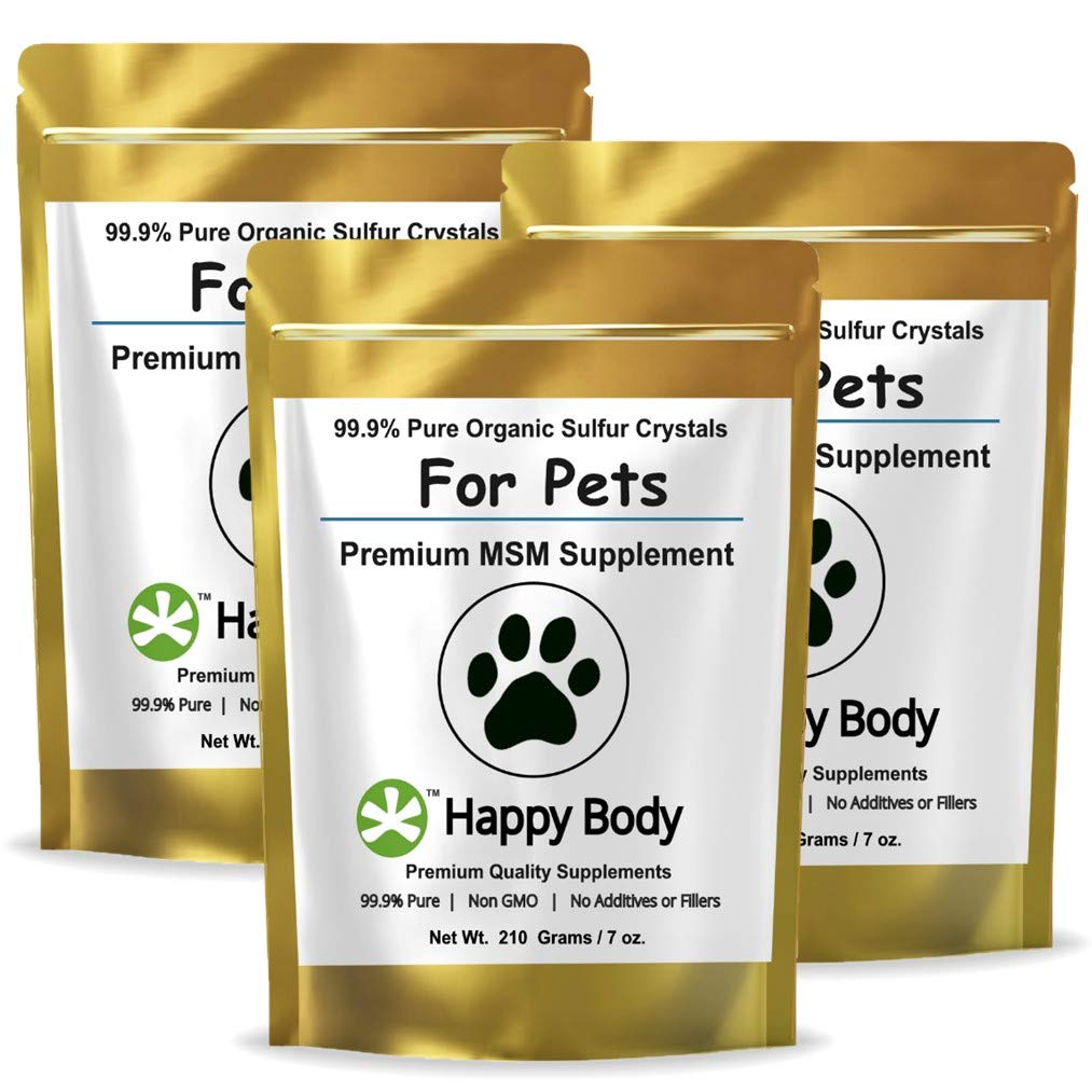 HAPPY BODY Pure MSM Joint Supplement for Dogs, Cats, & Horses – 100% Additive-Free – High Performance, Supports Senior Pets Wellness, Healthy Joints, Mobility, Aches, & Fatigue 7oz - 3 Packs
