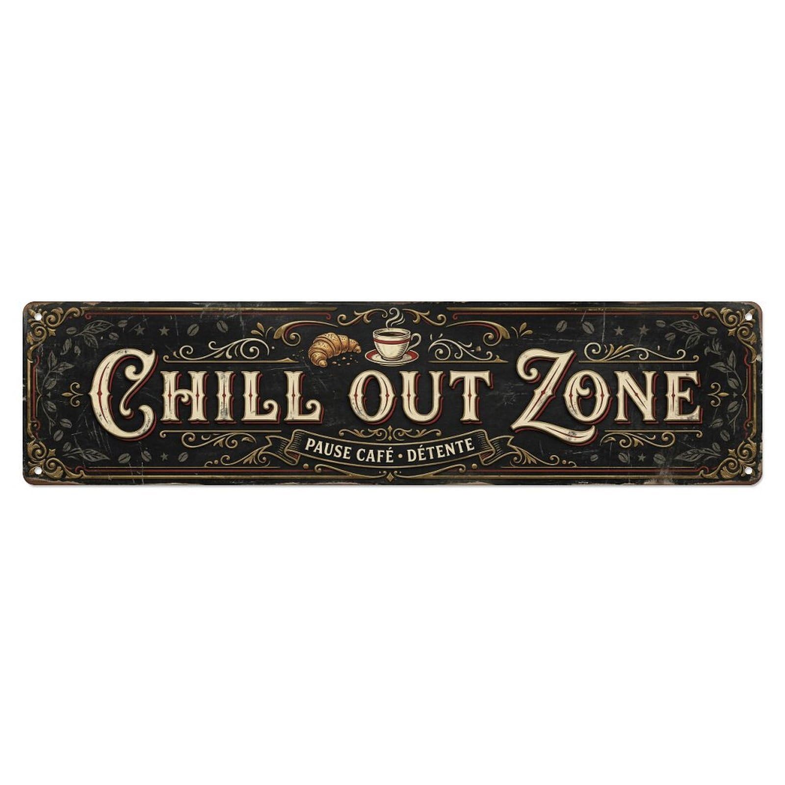 Chill Out Zone Faded Bistro 1 Metal Tin Skinny Sign Plaque Wall Decor for Cafe, Club Bar, Office, Home Garden Metal Poster 4x16Inch