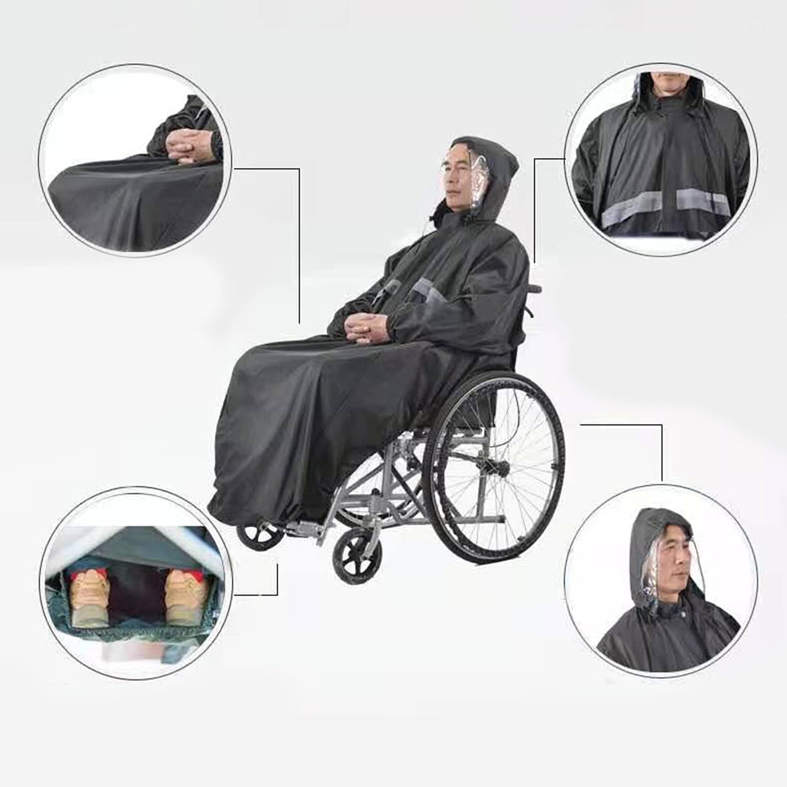 Poncho impermeable para sillas de ruedas, capa de lluvia con manga con capucha, tiras reflectantes, impermeable para ancianos y pacientes