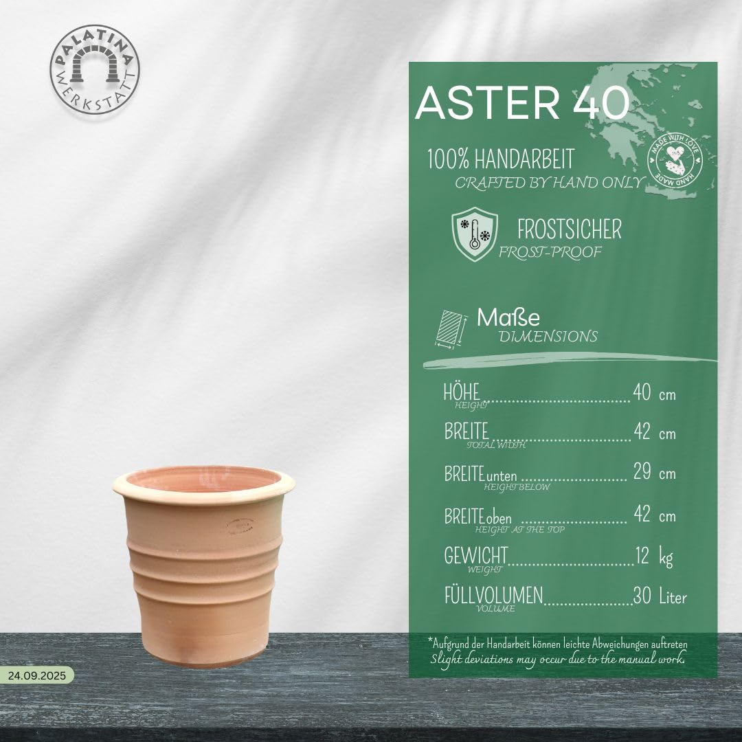Handgefertigter Blumentopf „Aster“ aus Terracotta, 40 cm hoch, frostfest & winterhart. Mit Auslaufloch für optimale Drainage – ideal für Garten, Balkon & Terrasse, mediterranes Design.