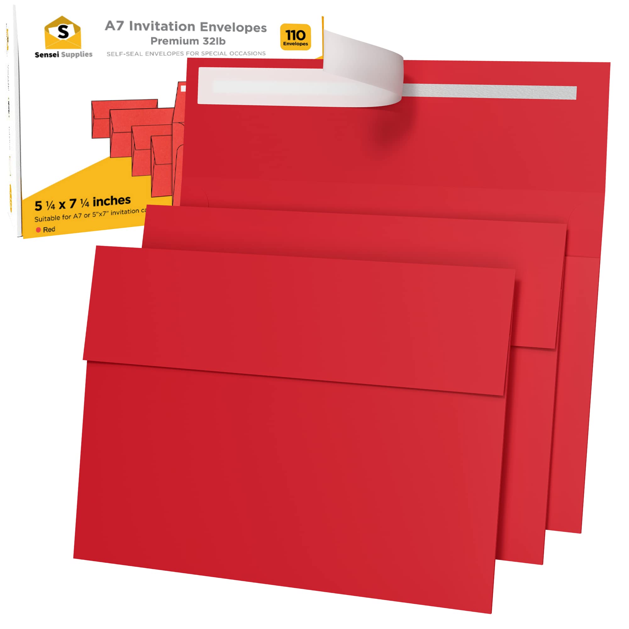 110 5x7 Red Invitation Envelopes - for 5x7 Cards - A7 - (5 ¼ x 7 ¼ inches) - Perfect for Weddings, Graduations, Baby Showers - 120 GSM - 32lb/80lb Text - Peel, Press & Self Seal - Square Flap