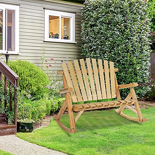 Outsunny Double Wooden Patio Rocking Bench, Adirondack Porch Rocker Chair For 2 Persons With High Rise Slatted Seat & Backrest, Smooth Armrests, Natural #TOP1