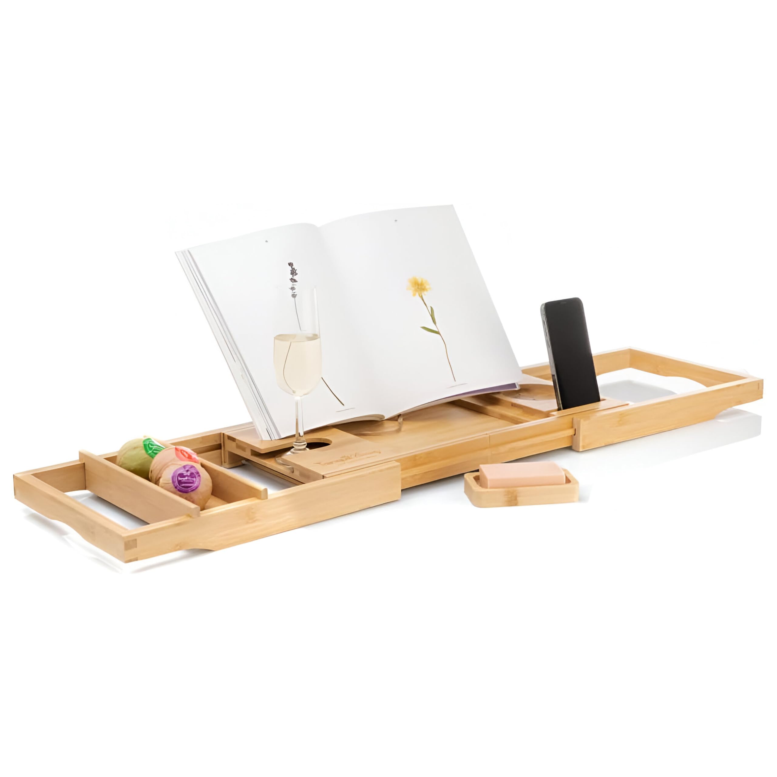 TranquilBeauty Panier de Bain Extensible | Plateau de Bain réglable avec Porte-vin en Bambou Naturel Durable | Planche de Bain en Bois de Luxe avec Support pour iPad, Tablette et téléphone