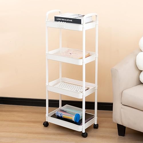 Miniatura 4 de Gagee Carrito rodante de 4 niveles con ruedas y asa, carrito de almacenamiento con ruedas para oficina, sala de estar, lavandería, cocina, baño,