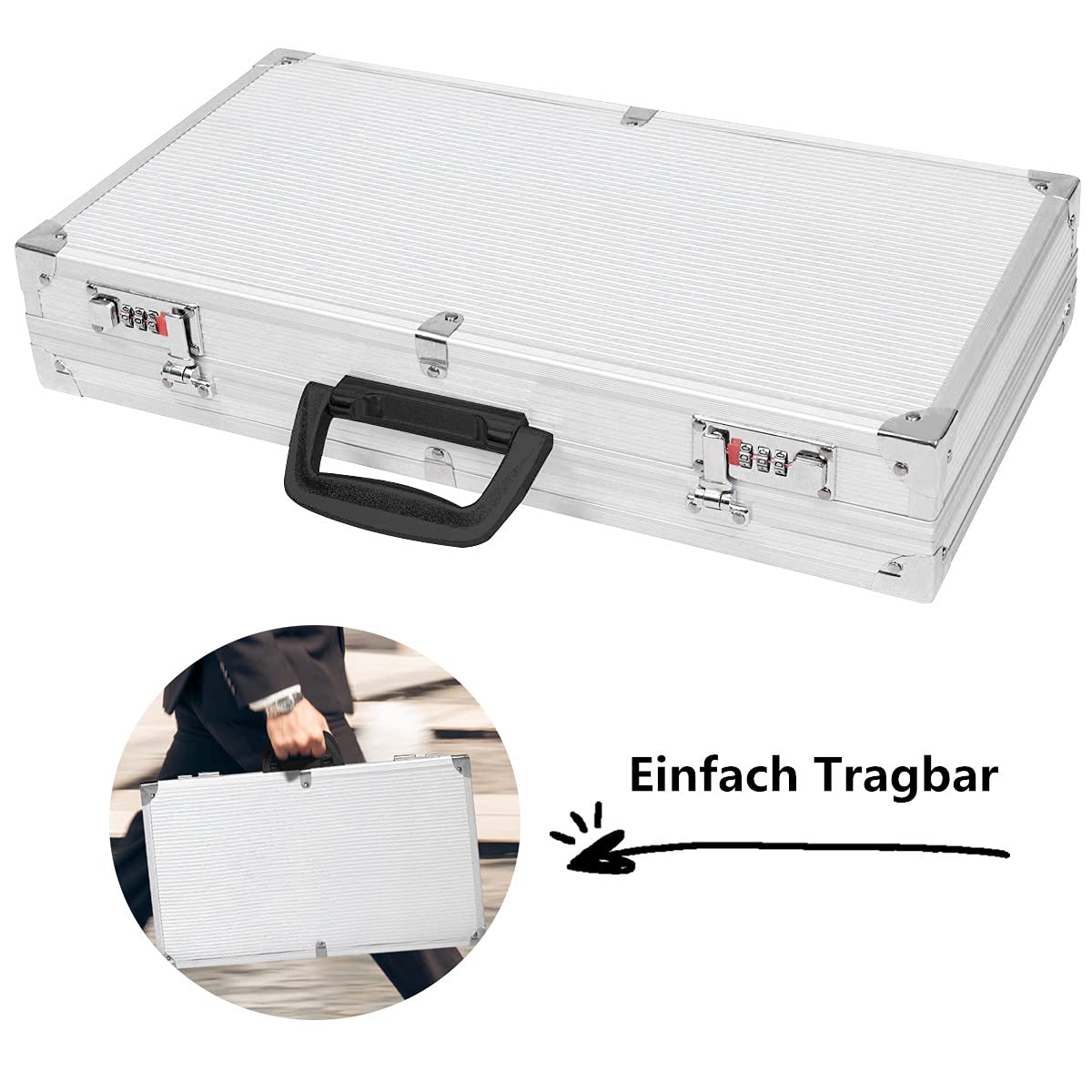 RELAX4LIFE Waffenkoffer für Pistole & Kurzwaffen, Gewehrkoffer mit 2 Zahlenschlössern, Pistolenkoffer mit Griff, Jagdkoffer mit Innenfutter aus Schaumstoff, ABS & Aluminium, 47 x 25 x 8,3 cm, Silber