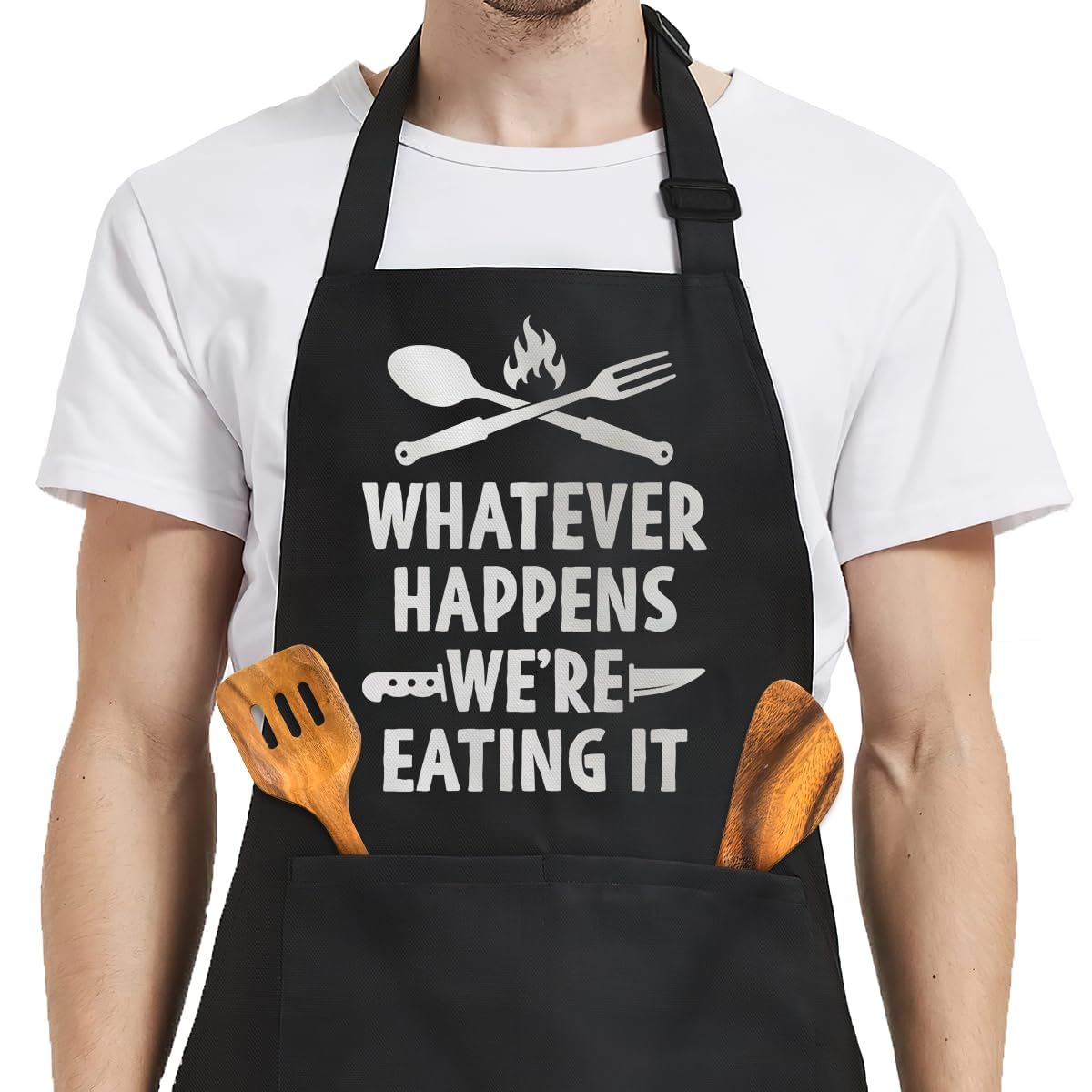 ALUNME Funny Black Cotton Apron for Men, BBQ Grill Cooking Gift for Dad, Husband, Father's Day (WHATEVER HAPPENS)