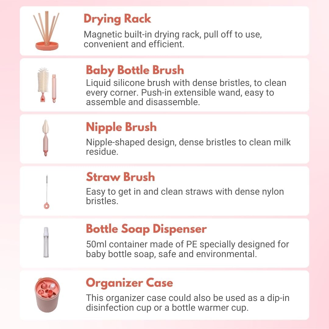 AMPLIN Jumbo Baby Bottle Cleaning Brushes, Nipple, Straw & Feeding Bottle Cleaner Set with 50 ml Travel-Sized Spray Container, BPA-Free Silicone Bristles, Built-in Drying Rack (Pink) 1