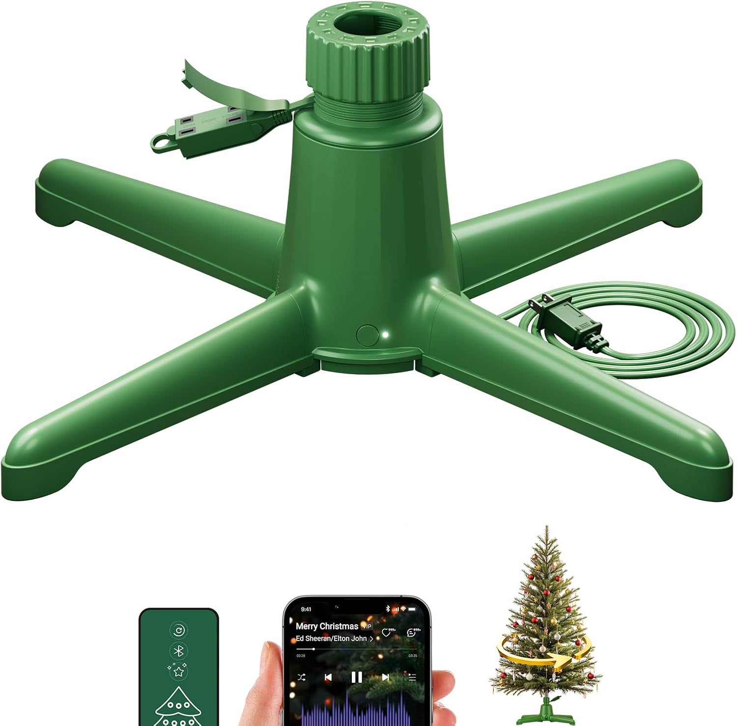 DG-Direct Musical 360° Rotating Christmas Tree Stand with Remote, Anti-Tilt Silent Spin Base, 3 Light Output Ports (800W), Fits 9ft 120lb Artificial Trees, Compatible with 1.25–2in Poles Melodyspin