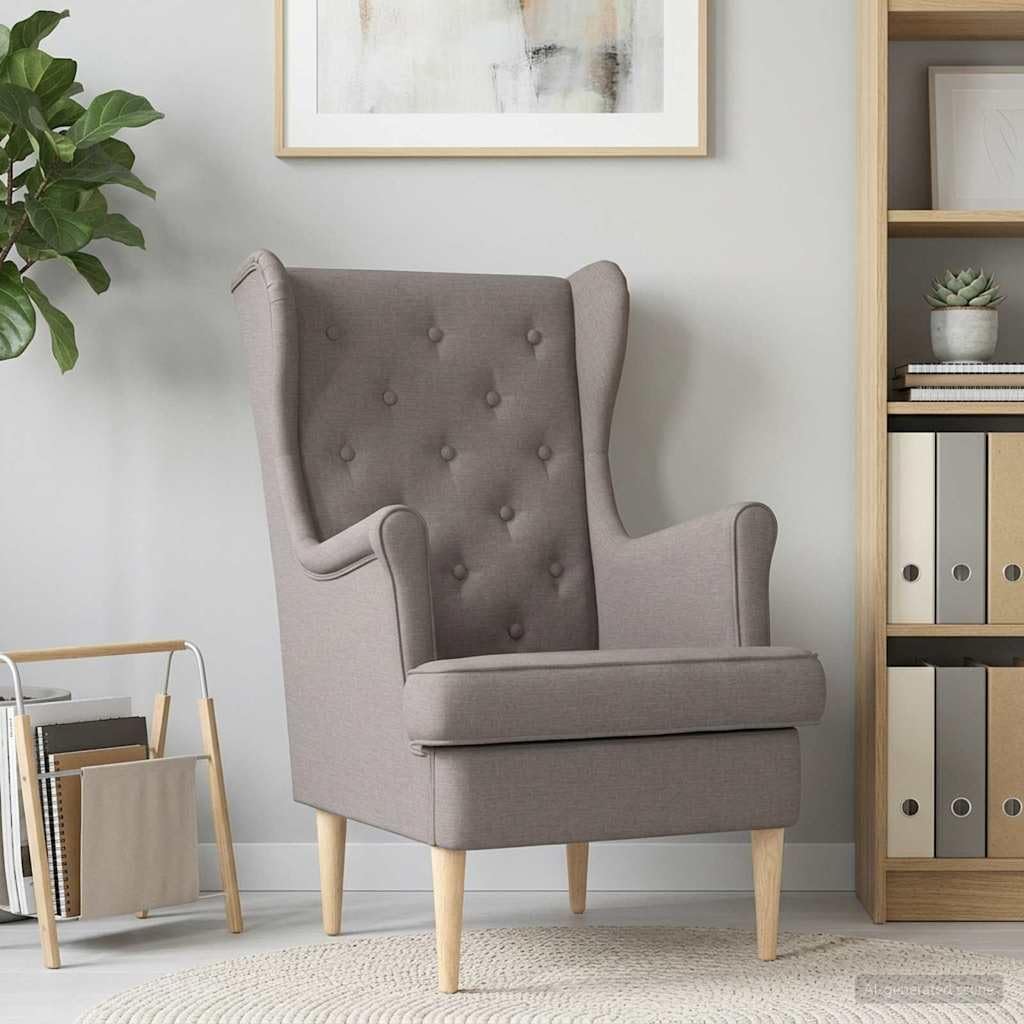 Poltrona Moderna in Tessuto Tortora con Gambe in Legno, 65x79x100 cm