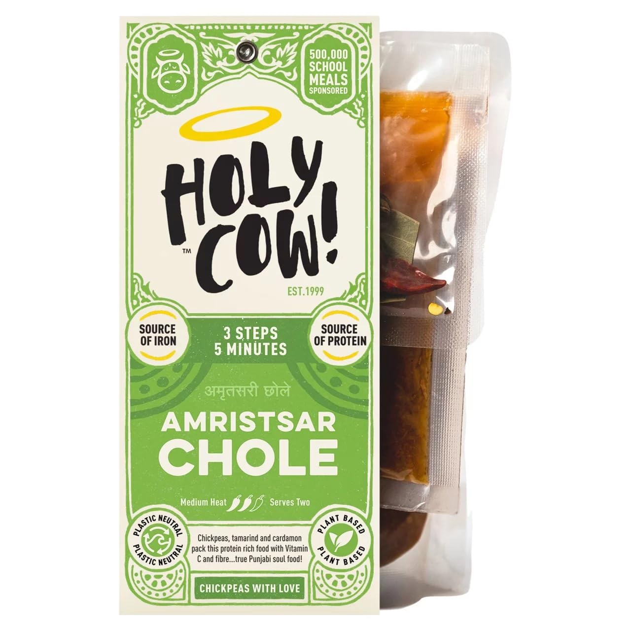 Holy Cow! Kit de curry Daal (5 x 400 g) Amritsari Chole, Garbanzos sin gluten Vegan Curry Kit, Snacks indios, comidas preparadas indias. Garbanzos, tamarindo, cardamón.