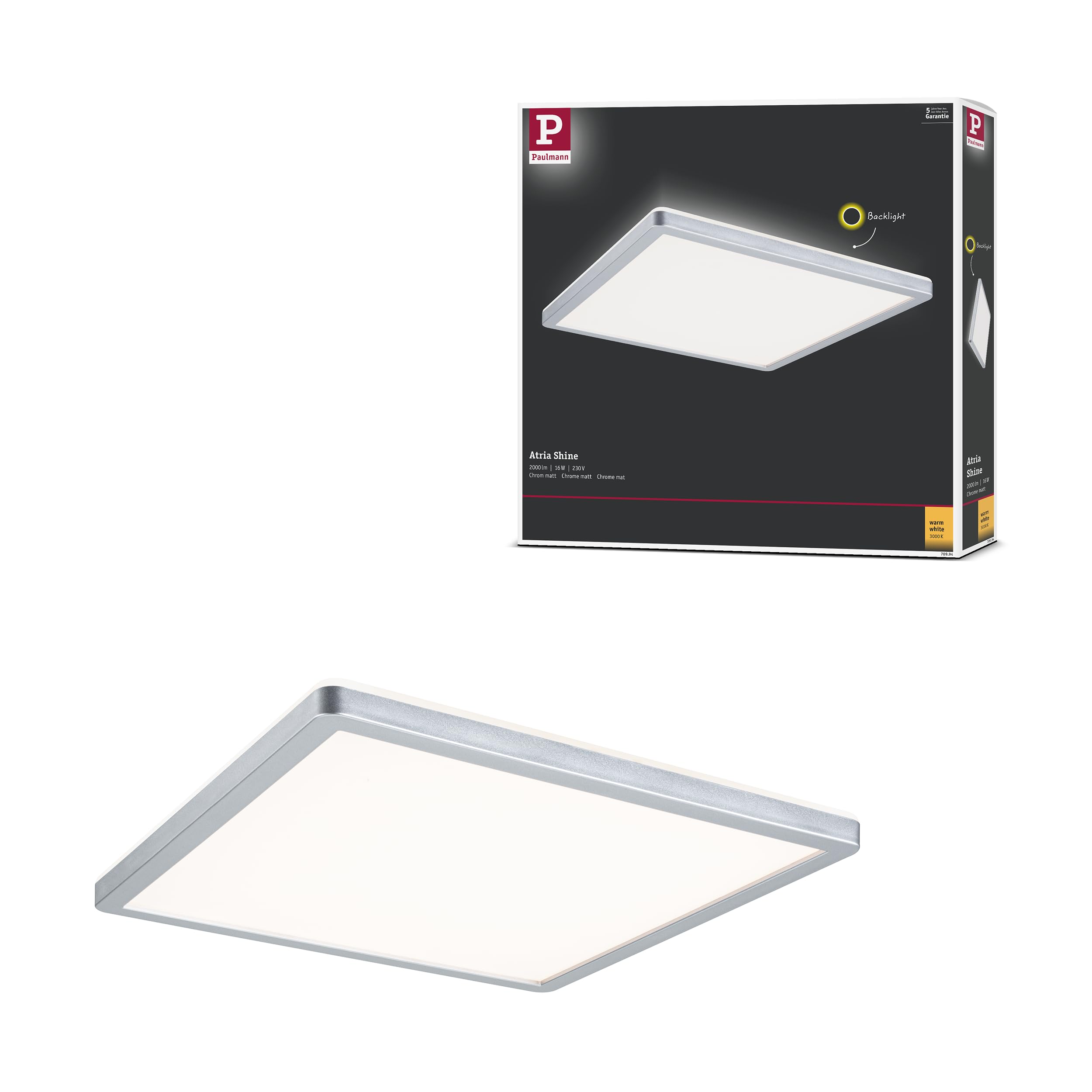 Paulmann 70994 LED Panel Atria Shine 293x293 mm Angular incl. 1x16 W Warm White Chrome matt Light Panel Plastic Ceiling Panel 3000 K