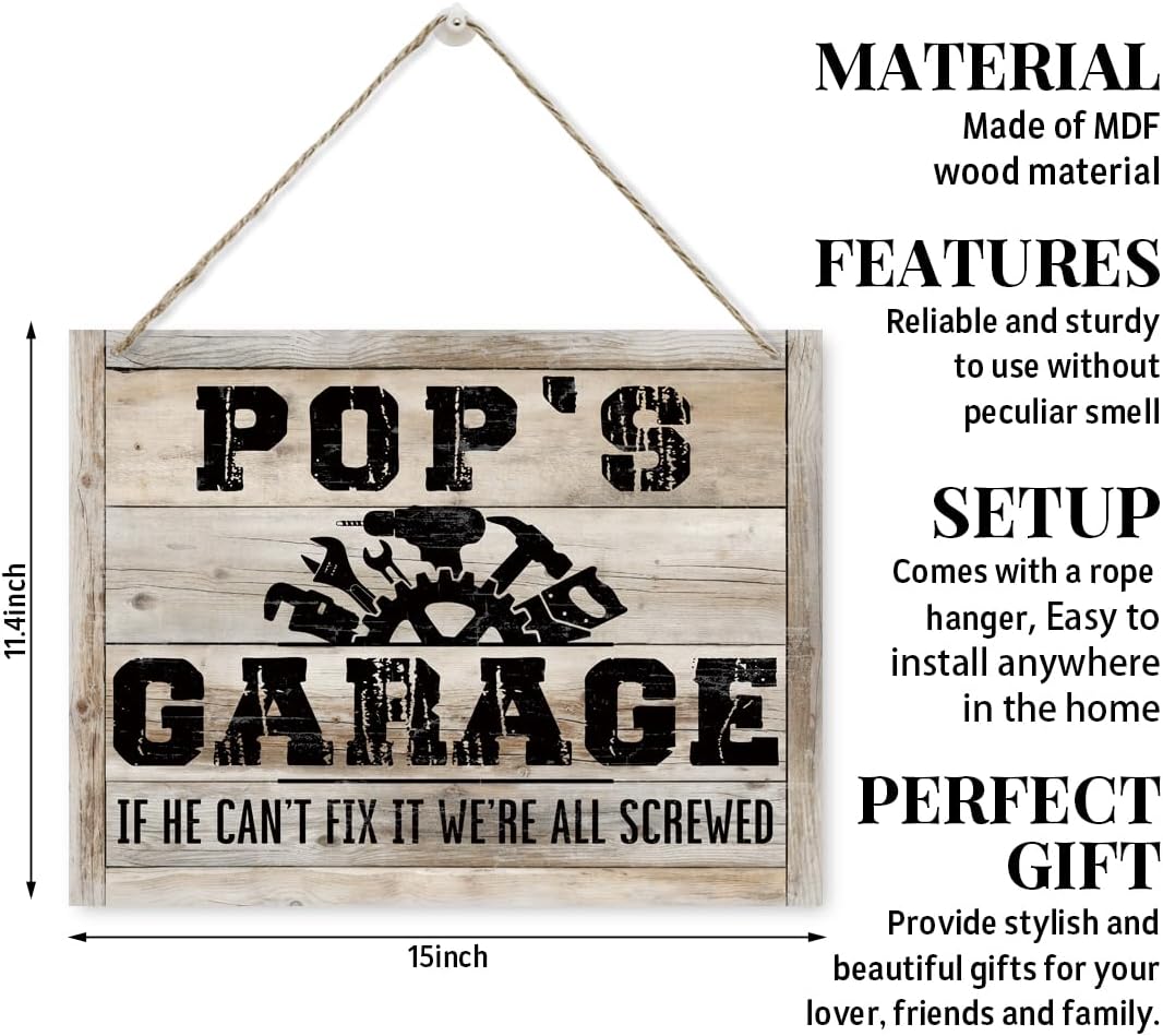 Pop's Garage Sign, Rustic Wooden Hanging Plaque Sign, Wall Decoration for Garage, Tool Room Decor, Garage Hanging Decor, Father's Day Gift for Pop, If He Can't Fix It We're All Screwed Sign - Image 2