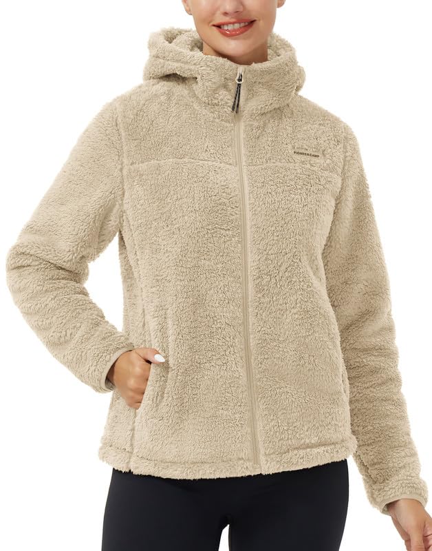 Pioneer Camp Fleecejacke Damen mit Kapuze Warm Flauschig High-Pile Teddyfleece Vollreißverschluss Outdoor Kuscheljacke Sherpa Jacke für Alltag Zuhause