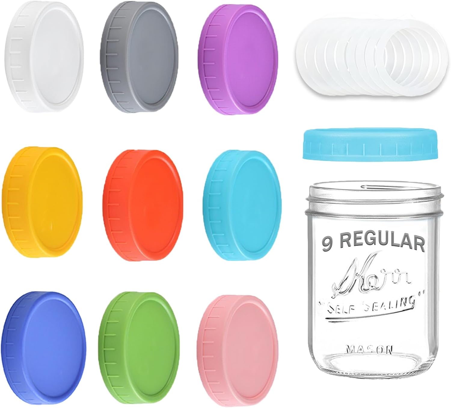 9 Pack Regular Mouth Mason Jar Lids - 70mm Colored Plastic Mason Lids with Silicone Rings for Ball, Kerr and More, Thickened & Leak-proof, Dishwasher Safe, Reusable Canning Lids