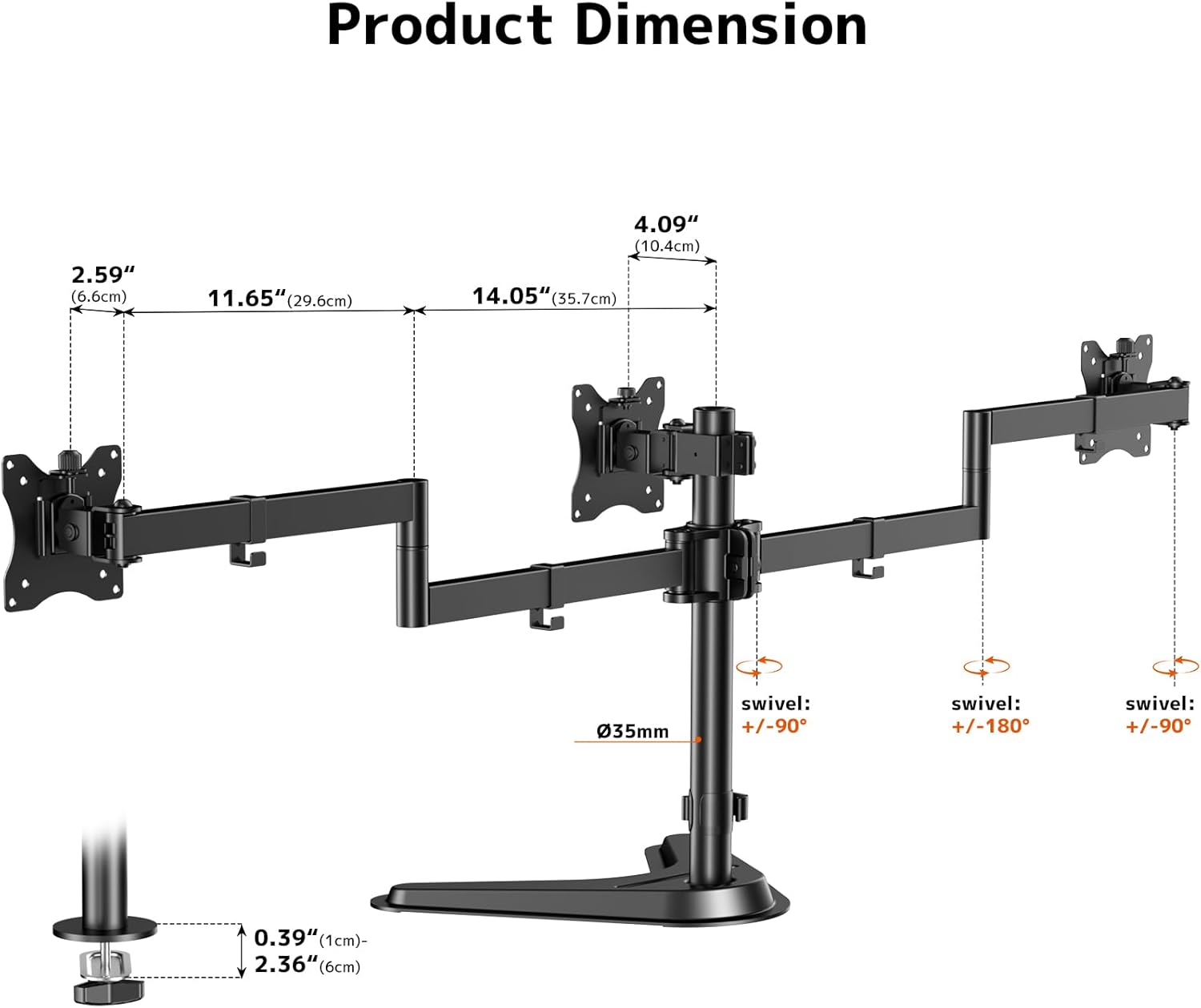 Triple Monitor Stand, Heavy Fully Adjustable Motion Mount Fits 3 Screens up to 27 inch, Free Standing Desk Stand with Base and Cable Management, 22 lbs Weight Capacity per Arm, Black