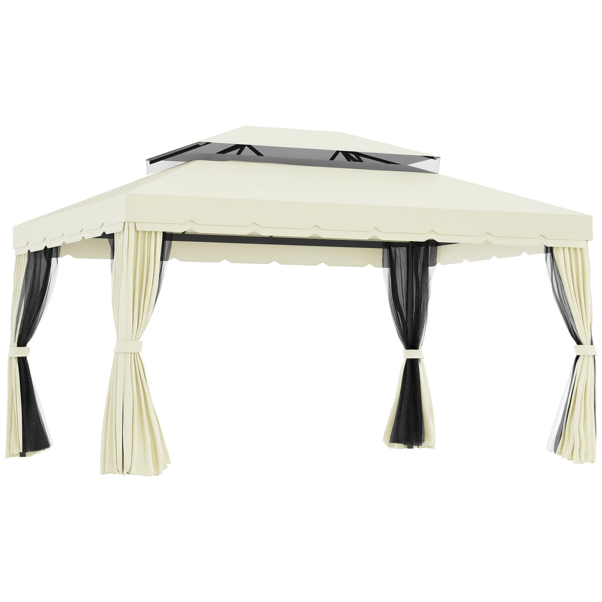 Outsunny Gazebo da Giardino 4x3 m con Zanzariera e Tende Parasole, Doppio Tetto, Anti UV, Alluminio, Crema