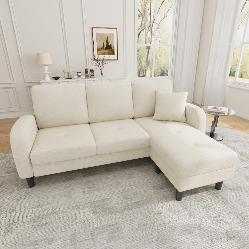 Sofá esquinero en forma de L con chaise longue, sofá de 3 plazas, 166 x 118 x 77 cm, tela transpirable de algodón y lino, patas de plástico, diseño modular, ideal para salas de estar (Beige