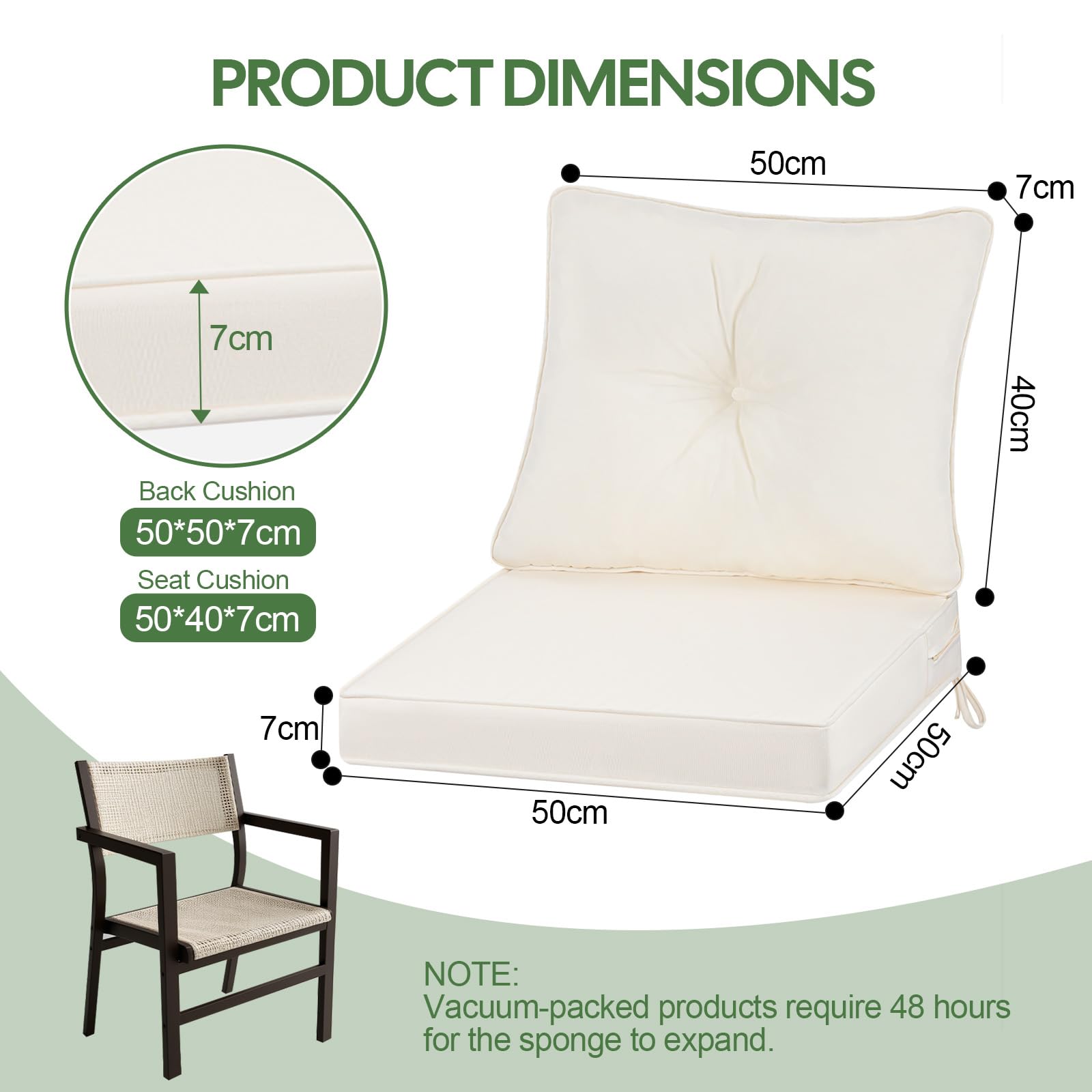 Coussin de chaise de jardin avec dossier, 7 cm d'épaisseur, imperméable, pour canapé à dossier bas - Coussin de rechange pour mobilier de jardin avec attaches - 50 x 50 cm - Beige