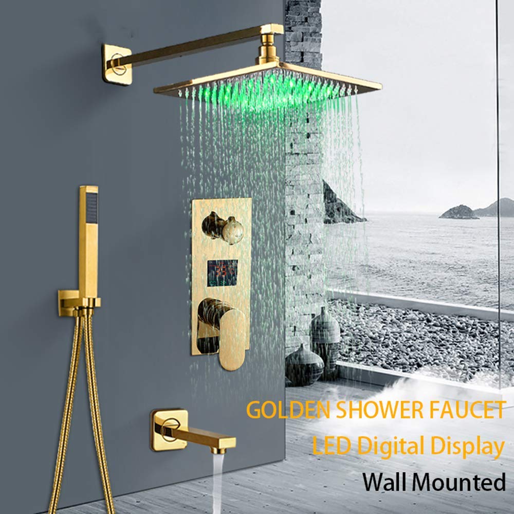 Set Doccia Combinato con Miscelatore a Pioggia Dorato e Display Digitale, Rubinetto Doccia a Parete per Bagno con soffione, doccetta a Mano e Bocca di erogazione per,8 Inches