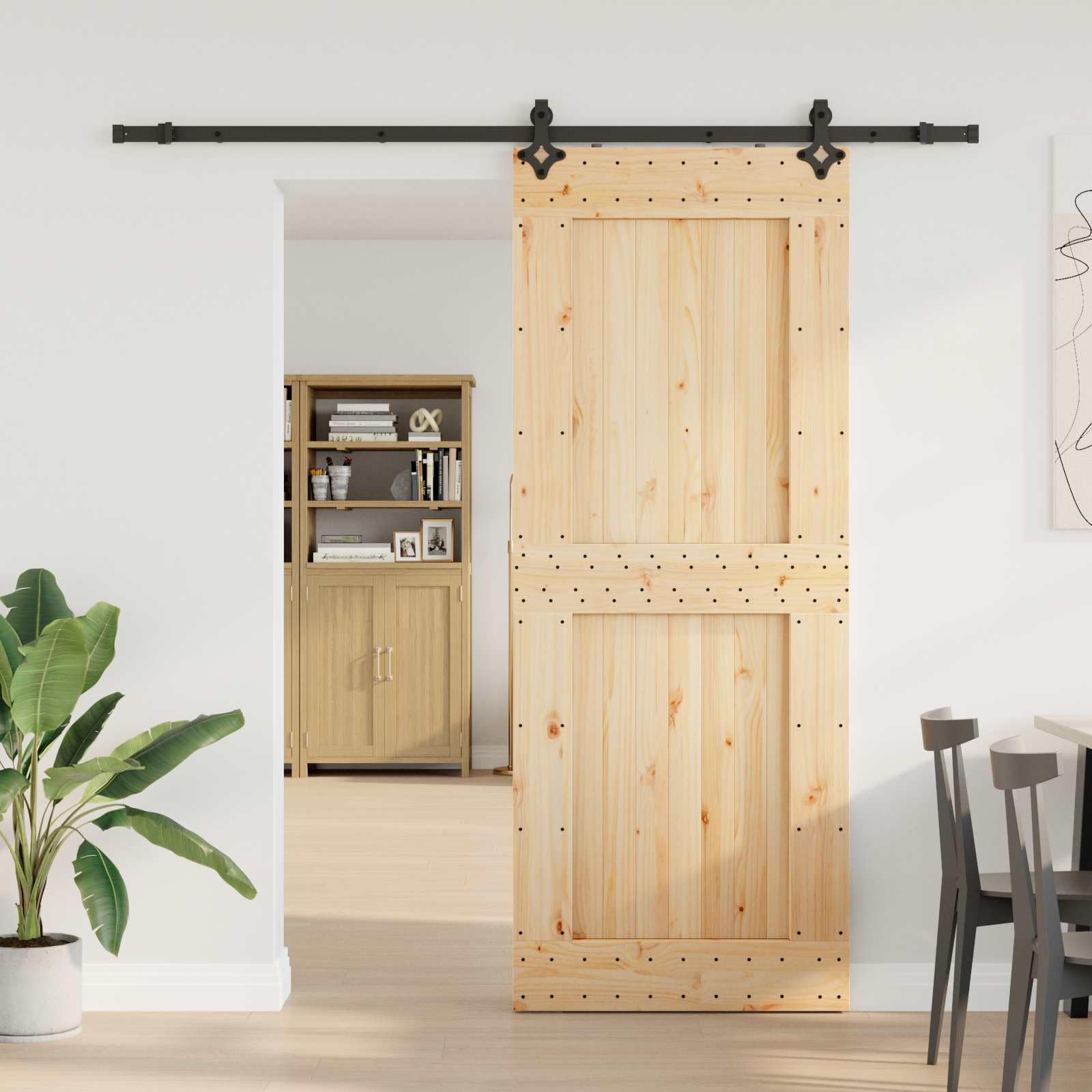 Puerta corredera NARVIK de madera de pino maciza de 90 x 210 cm, sistema de puerta corredera con riel de acero pulverizado para uso en interiores
