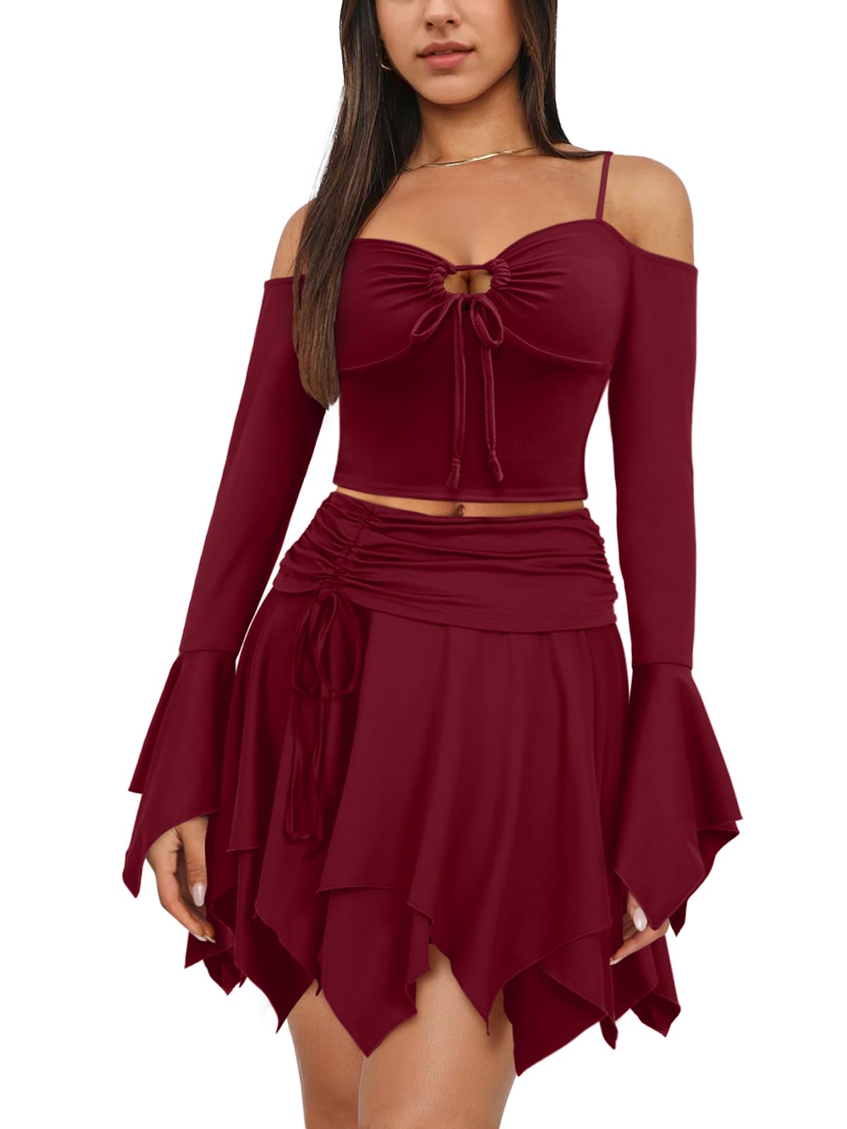 Ophestin Womens Y2K Fairy Dress Off Shoulder Handkerchief 2 Piece Skirts Set Fairycore Halloween Dress