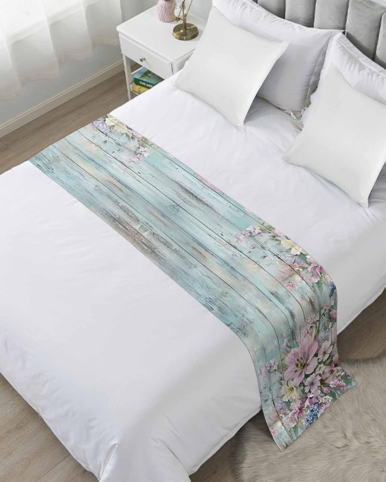 Bed Runner for Twin Size, Pink Flower Decorative Scarf Throws for Foot of Bed, Lavender Leaves Blue Board Pastoral Retro Luxury Bedding Protector Slipcover Beds Runners for Hotel/Home, 71 x 20 Inch