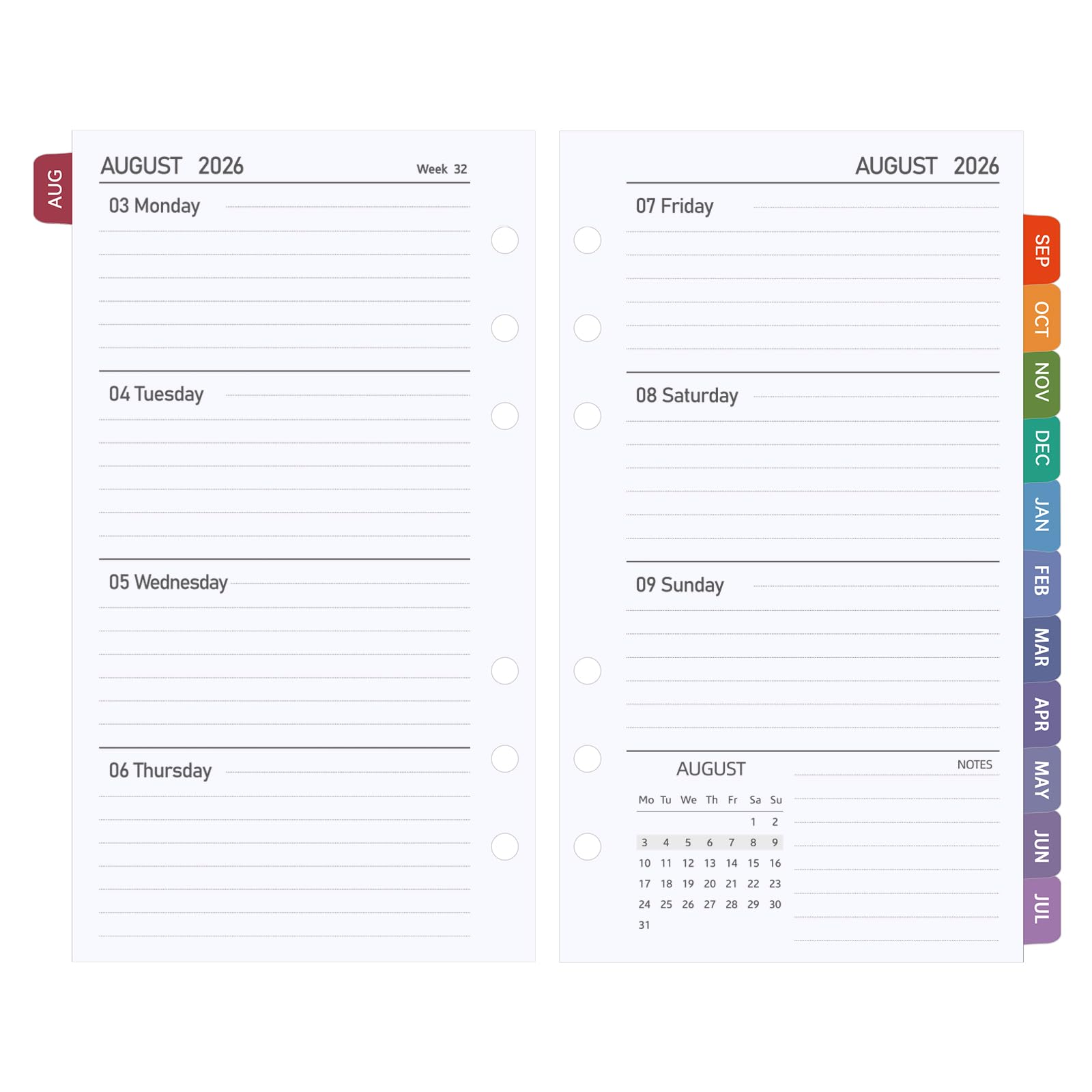Academic Diary 2026 2027 Refill Personal Size, Weekly Planner from Aug. 2026 to Jul. 2027 with Colorful Monthly Tabs, Week on Two Pages, Compatible with Filofax Personal Organiser, 95 x 171 mm