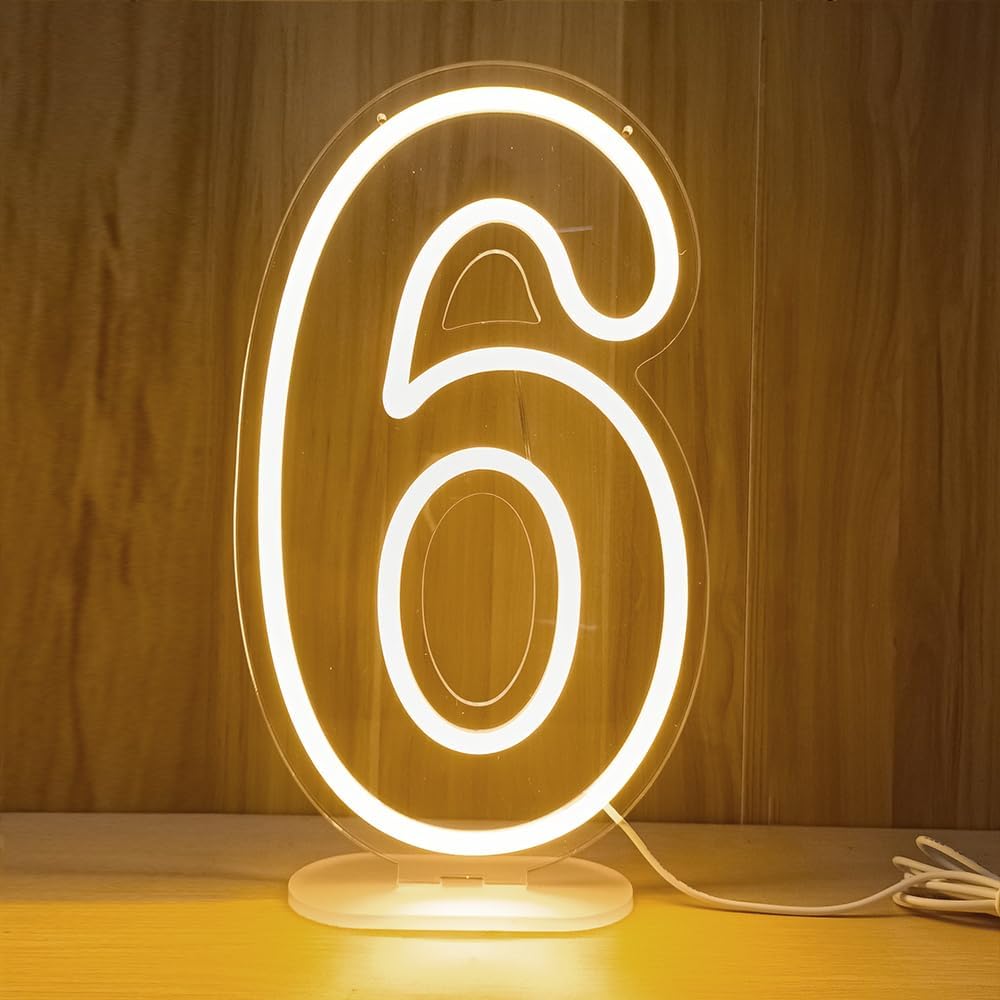 LED Neon Number 6 Sign,15 Inch Dimmable Warm White Lights for Birthday Party Stand Up & Wall Mounting USB Powered Light Sign (15" Number 6)